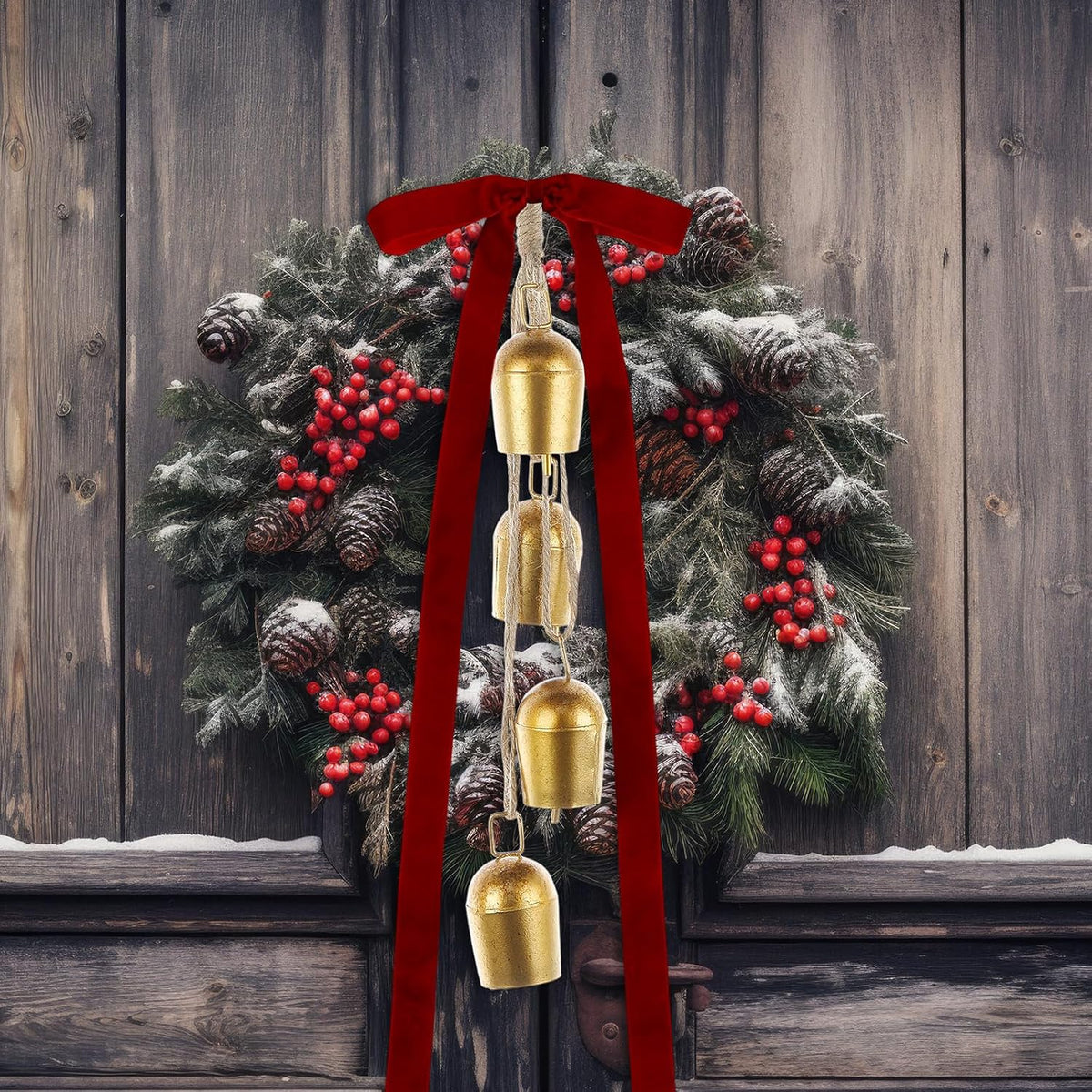 Suncalla 2 Pcs Christmas Cow Bells with 8 Pcs Burgundy Velvet Christmas Bows Vintage Rustic Gold Bell with Velvet
