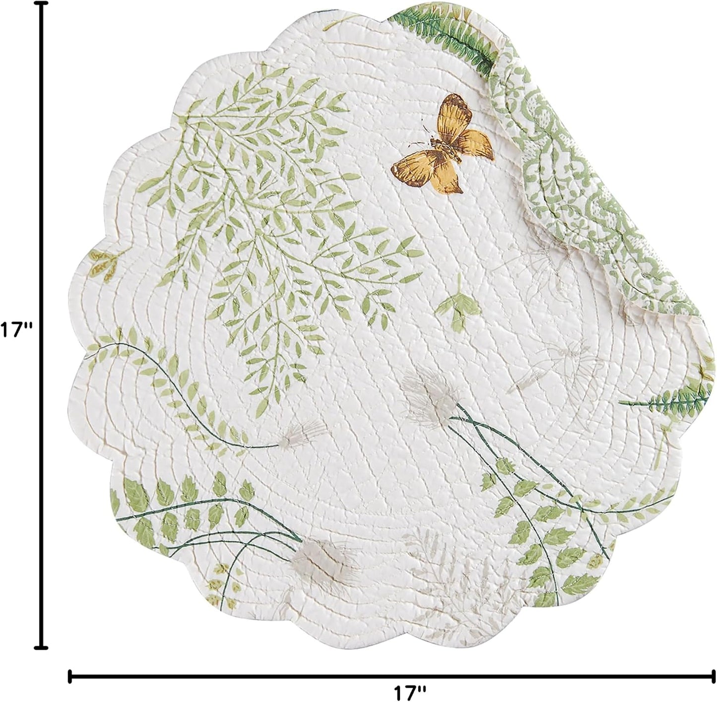 C&F Home 17" Althea Round Scalloped Edge Cotton Quilted Placemats, Set of 6 Spring Springtime Butterfly Dragonfly