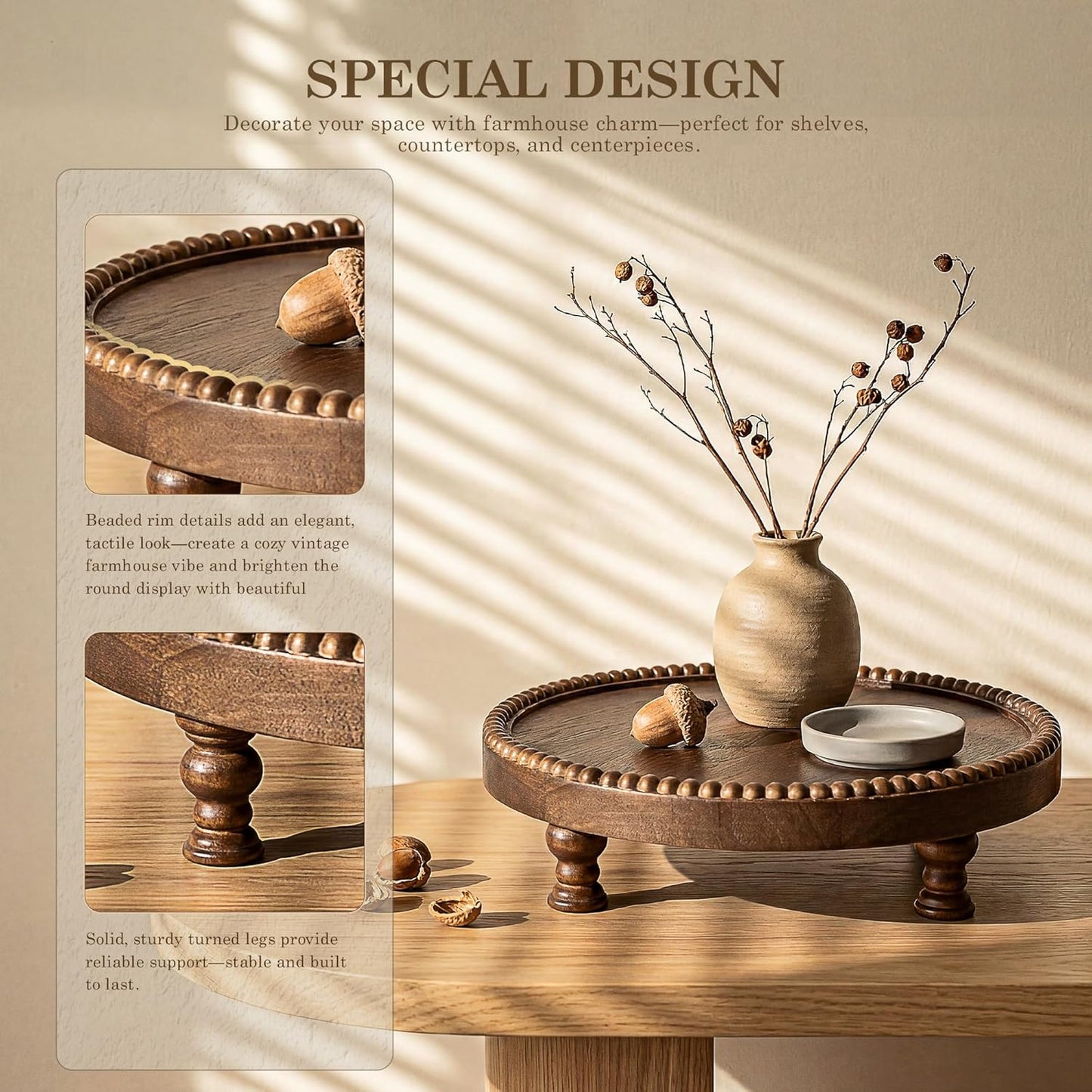 Beaded Pedestal Tray Stand for Plant Stand / Brown