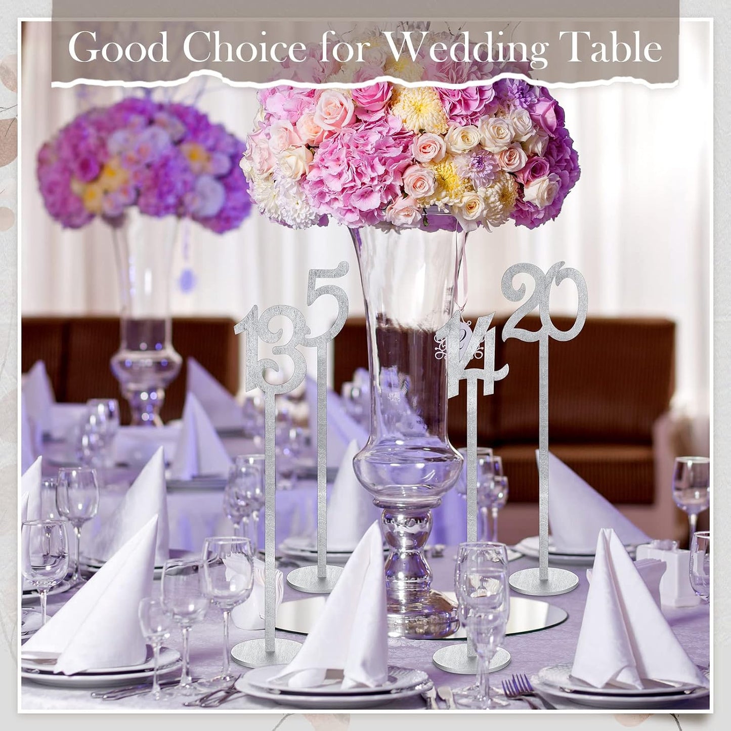 20 Pcs Table Numbers for Wedding with Holder, 1-20,Silver | Wooden Seat Numbers with Round Base Stands, Ideal for