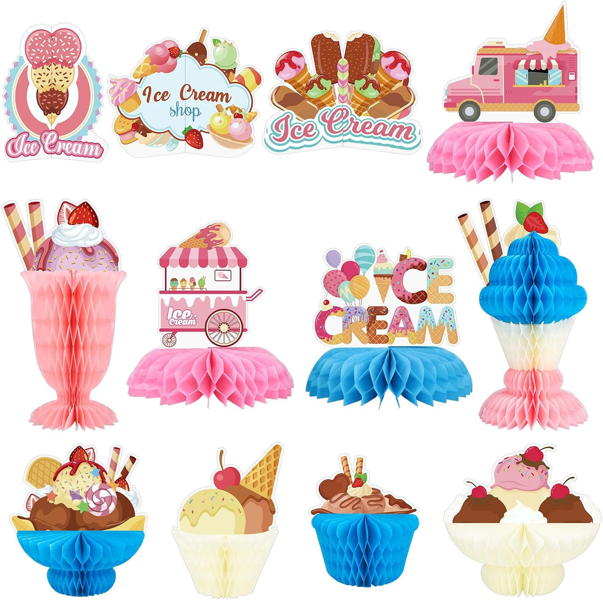 12 PCS Ice Cream Party Decorations Ice Cream Honeycomb Centerpiece
