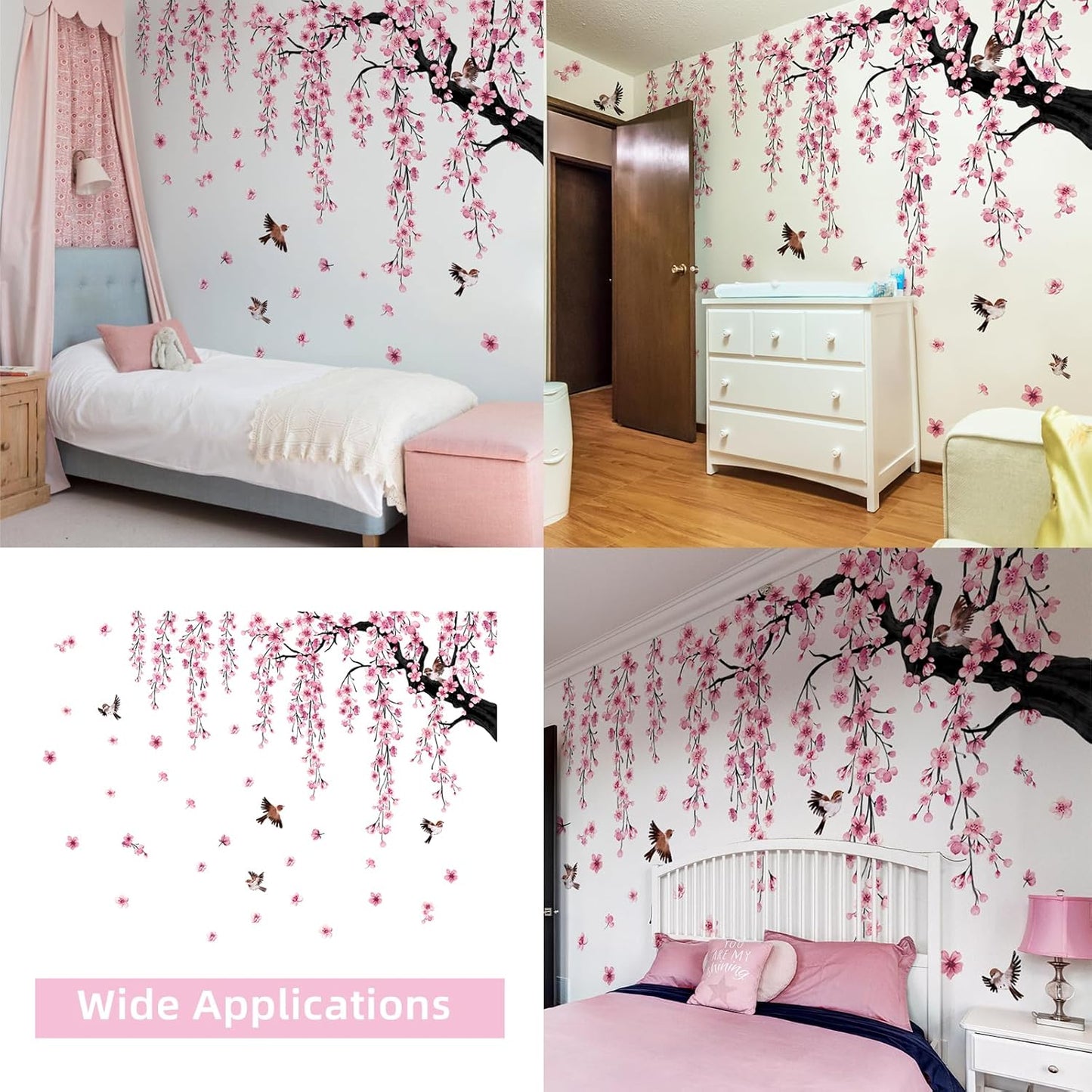 4 Sheets Spring Flower Bird Wall Decals Peel / Pink / 11.8*35.4inch