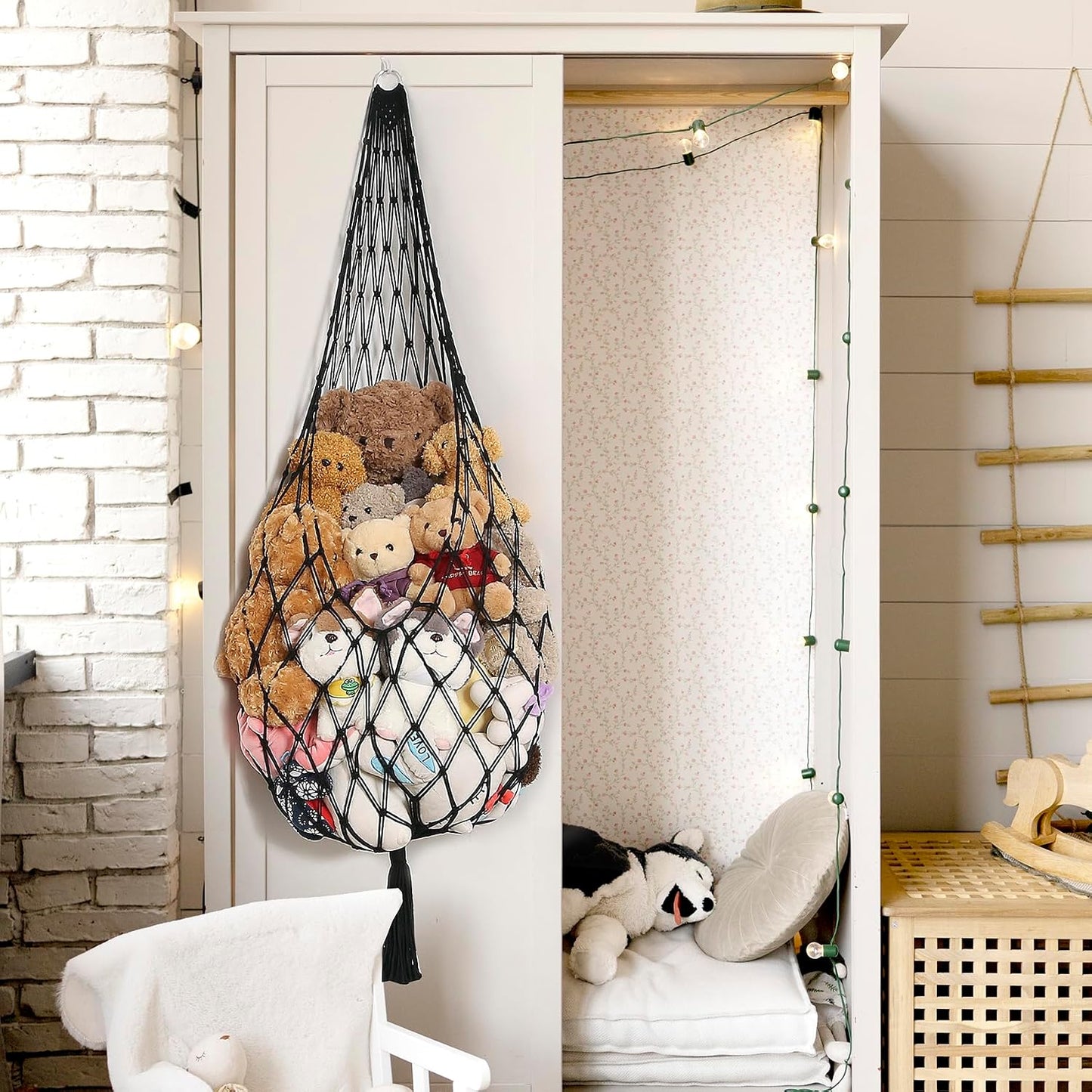 Stuffed Animal Hammock Corner Hanging Net for Stuffy Animal Storage Macrame Toy Display / Black / L