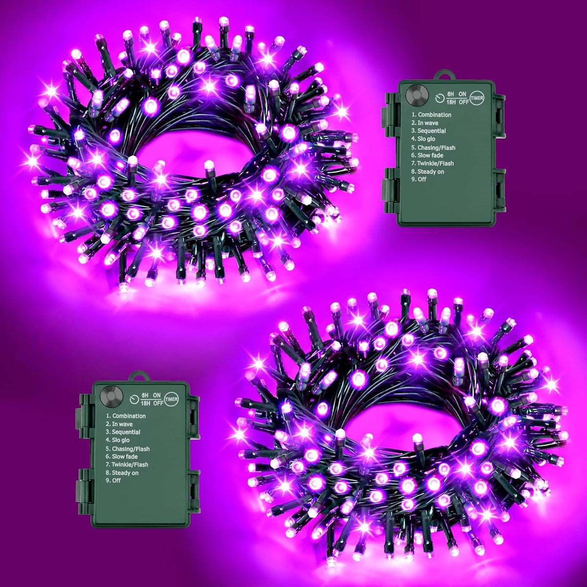 Purple Lights Halloween Lights String Total 100LED Battery Operated Outdoor 8 Modes with Timer 16.4Ft*2, 50LED*2 Waterproof Indoor for Halloween Decor, Purple, 2-Pack
