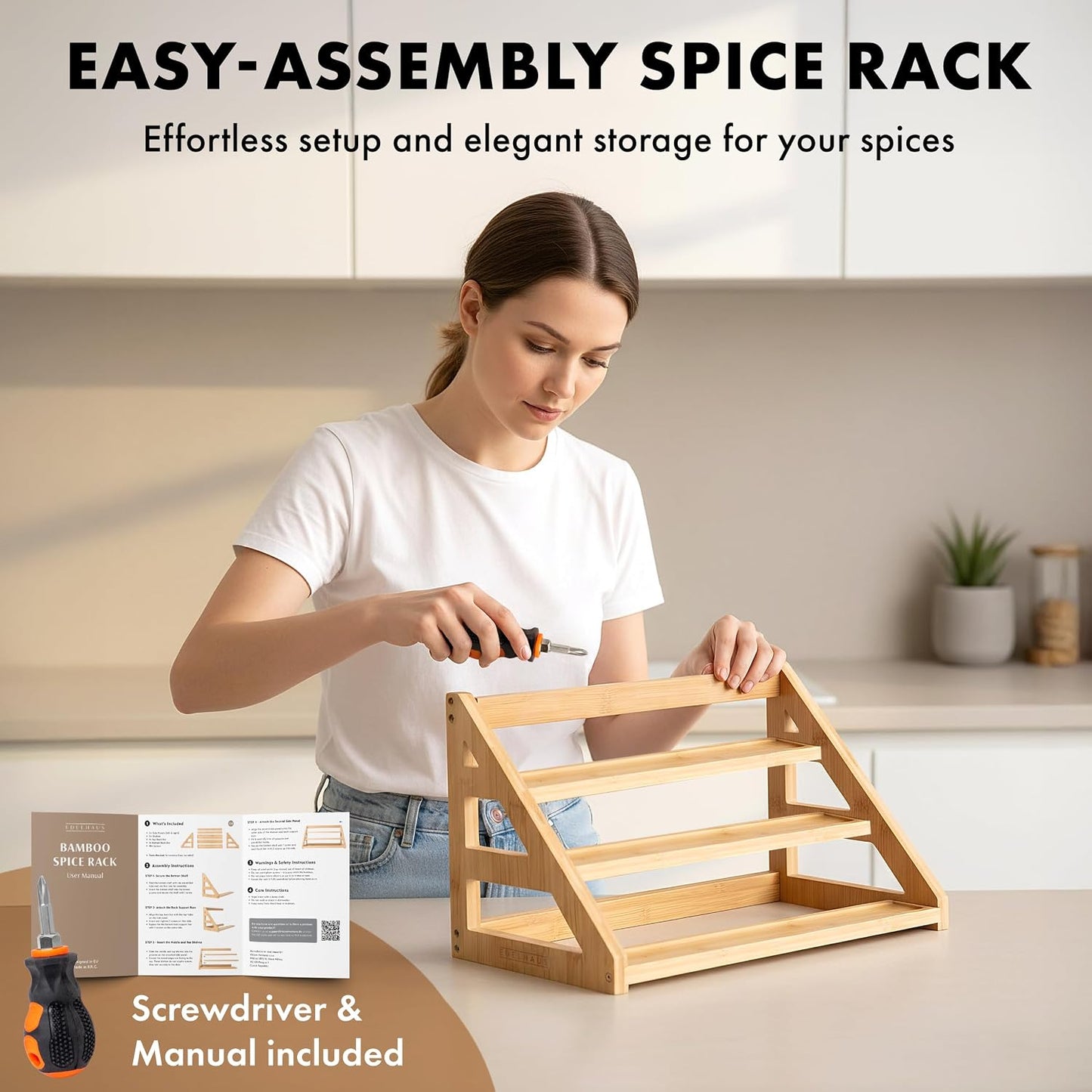 3 Tier Bamboo Spice Rack Organizer for Cabinet – Fits 24 Spice Jars, 17.5” Wide Countertop & Cabinet Organizer for