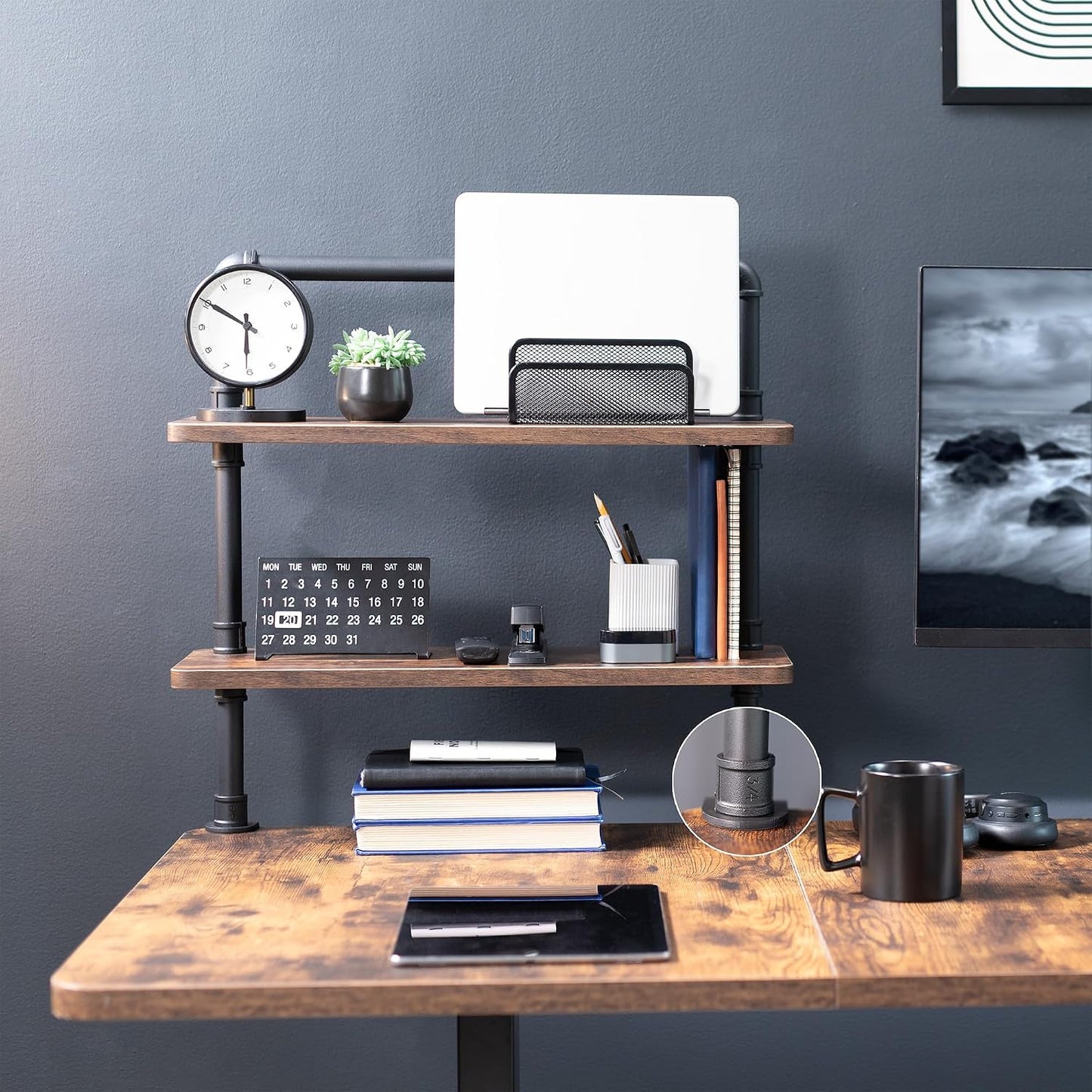 VIVO Clamp-on Premium 24 inch Industrial Pipe 2-Tier Tabletop Shelving, Heavy Duty Desk Extension Organizer, Modern