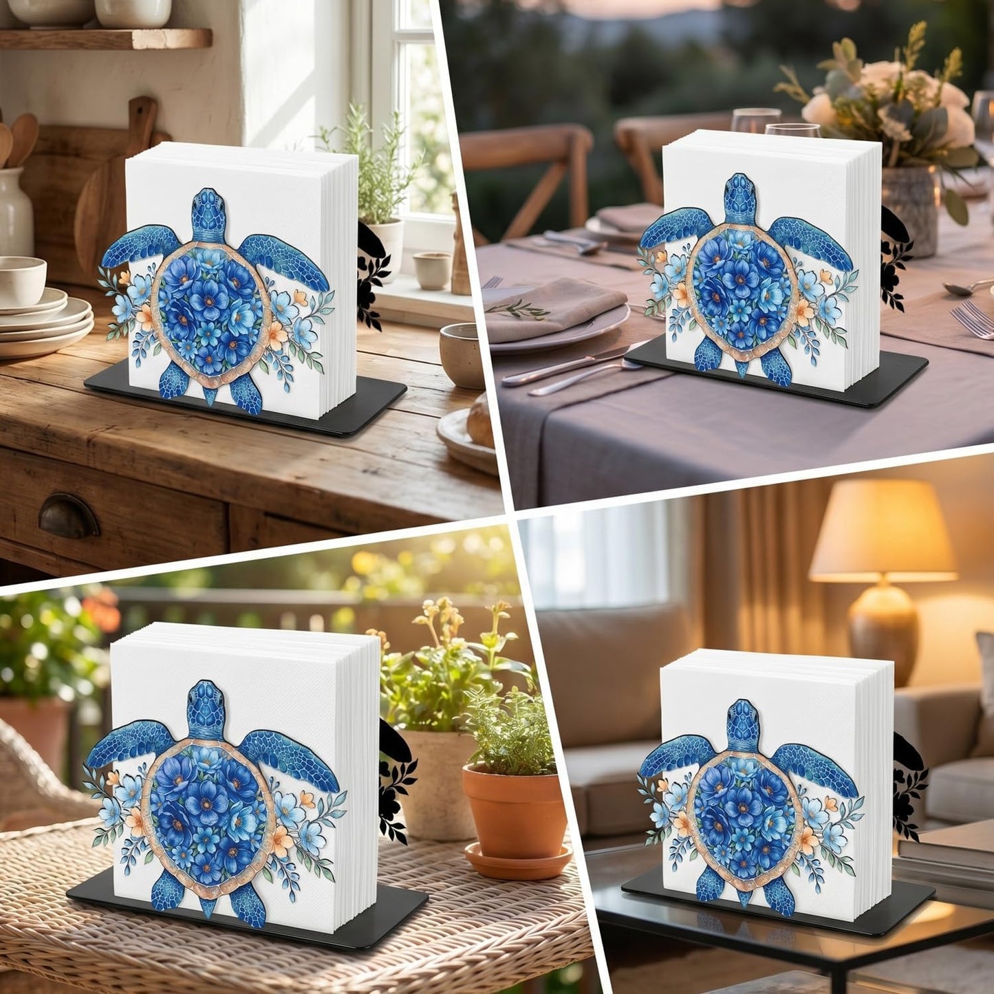 Metal Paper Napkin Standing Holder Dispenser for Dinner Kitchen / Coastal Sea Turtle