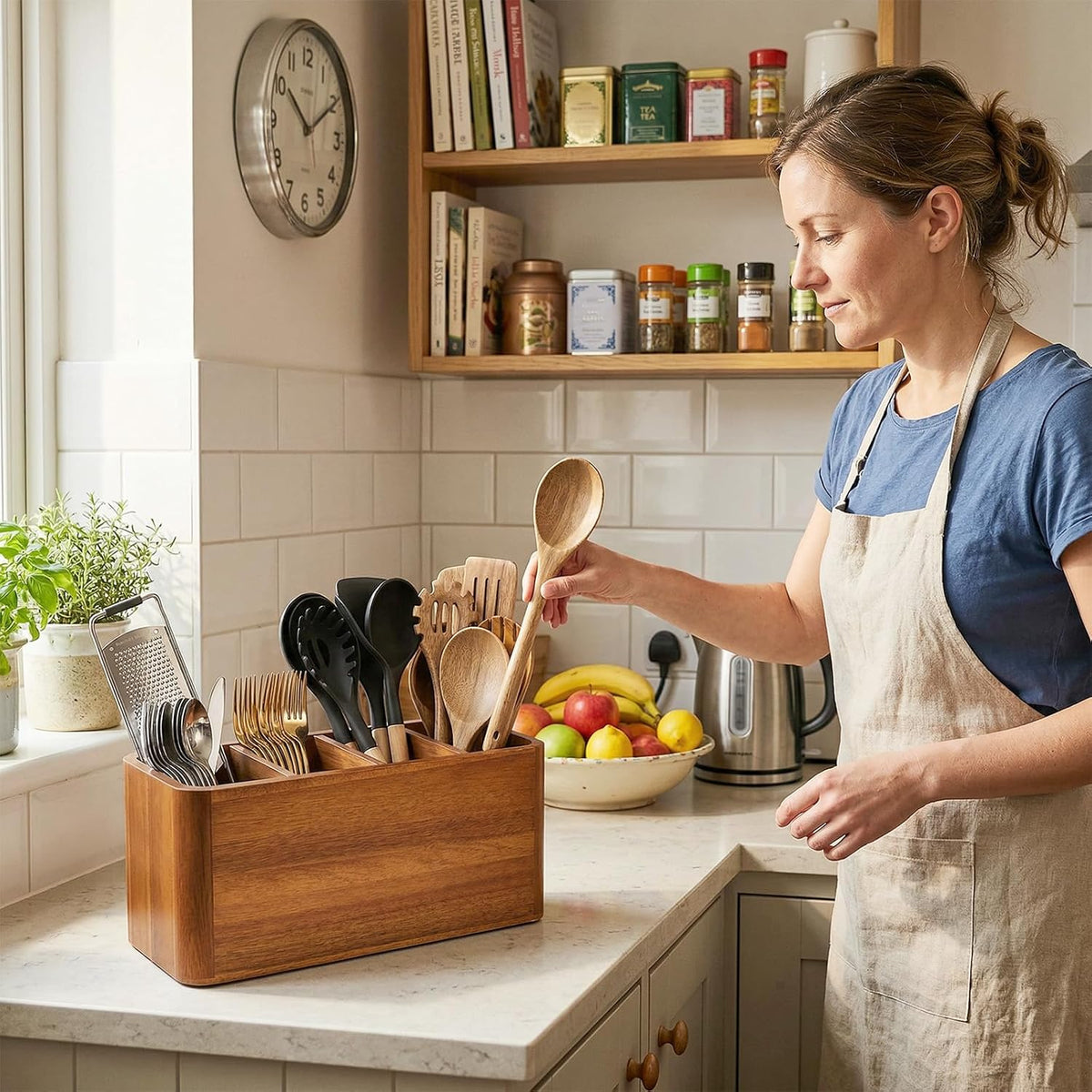 Kitchen Utensil Holder for Counter and Countertop, Acacia Utensil Organizer with 3 Pcs Wooden Spoon Set, Large Drying