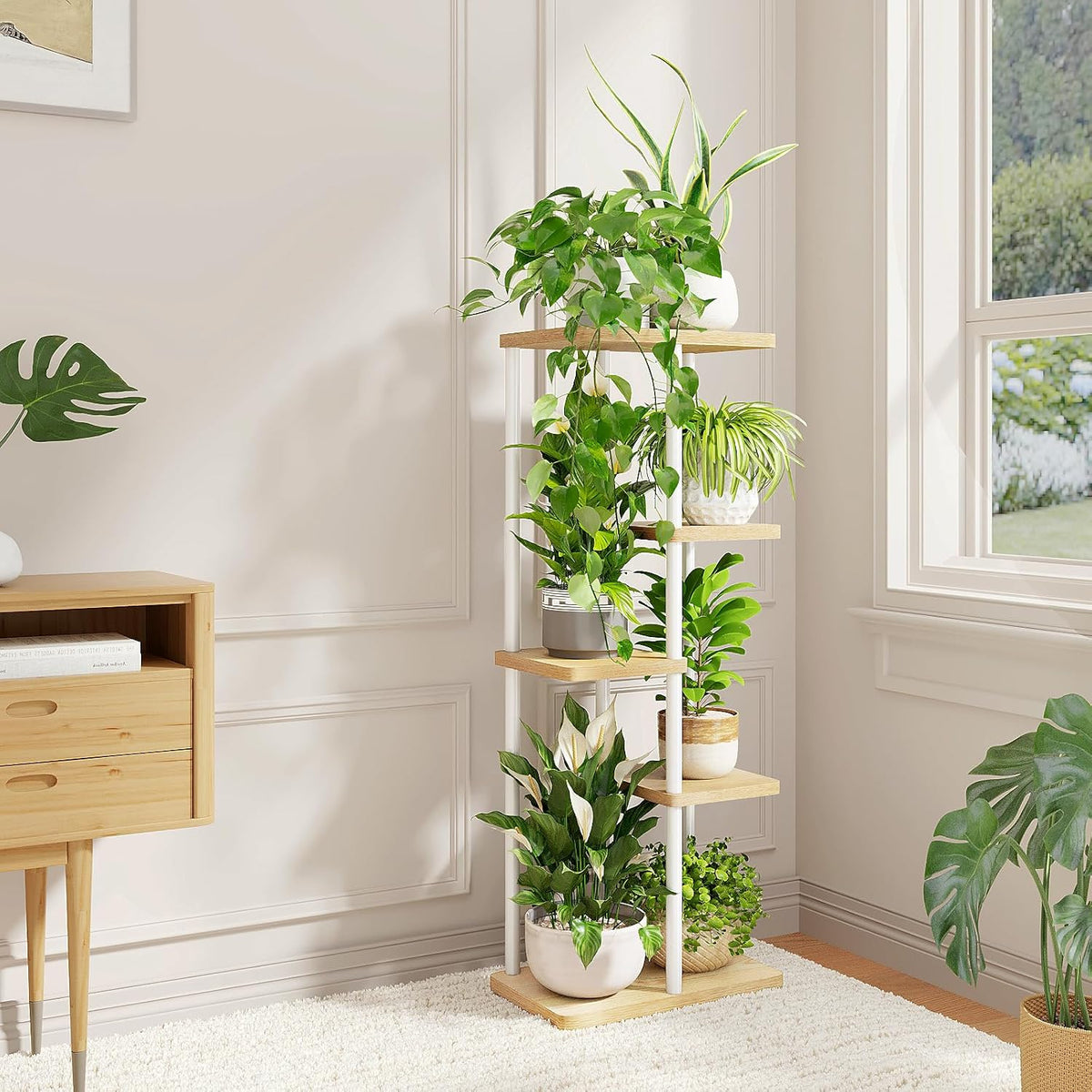 Bamworld Plant Stand 5 Tier Corner Shelf for Multiple Plants White | Tiered shelf makes efficient use of corners in