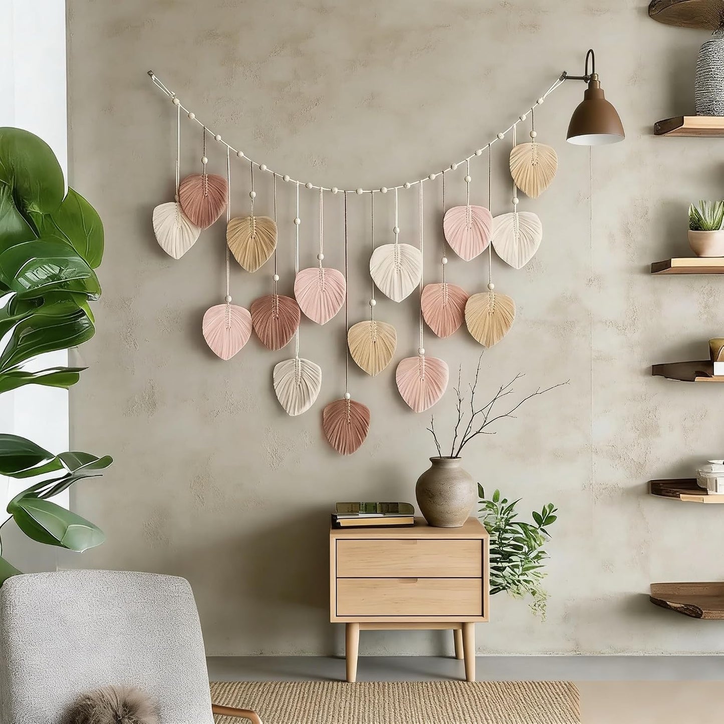 Macrame Leaves Wall Hanging Large Chic Feather Boho Macrame Wall / Pink - 47.3*29.5in / 47.3 x 29.5