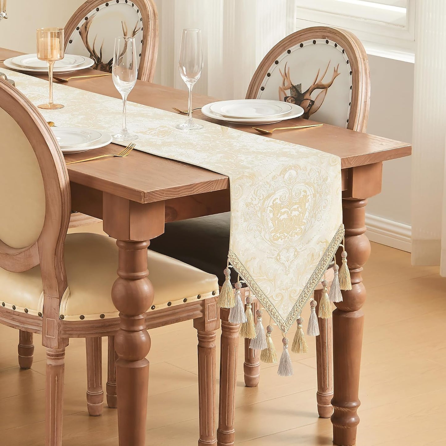 Loom and Mill Elegant Damask Table Runner 13x108 inch, Champagne Gold | Double Layer Design Jacquard Dining Table