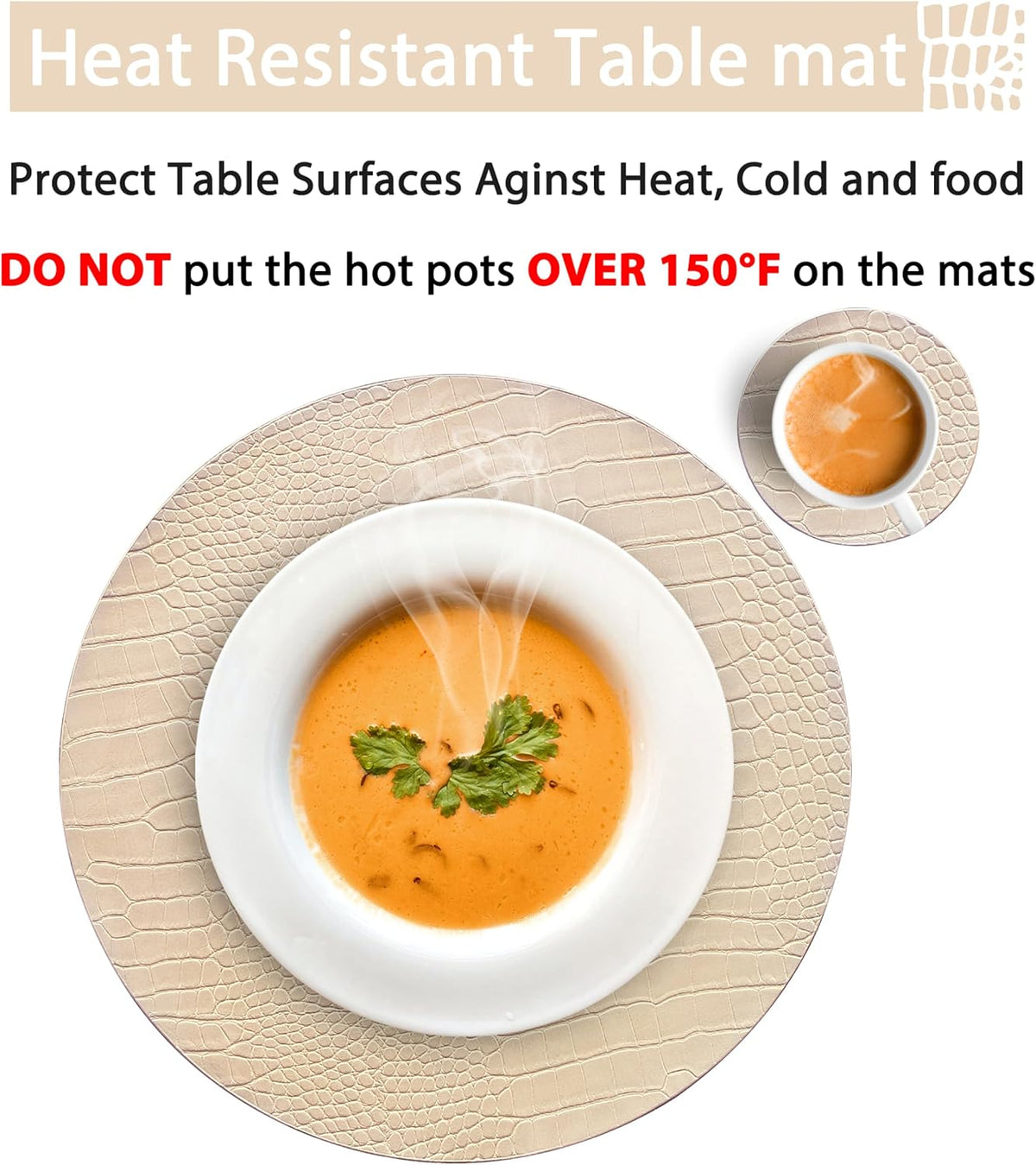 Jovono Round Leather Placemats for Round Tables Set of 8, Beige Place Mats and Coasters, Wipeable Waterproof Heat