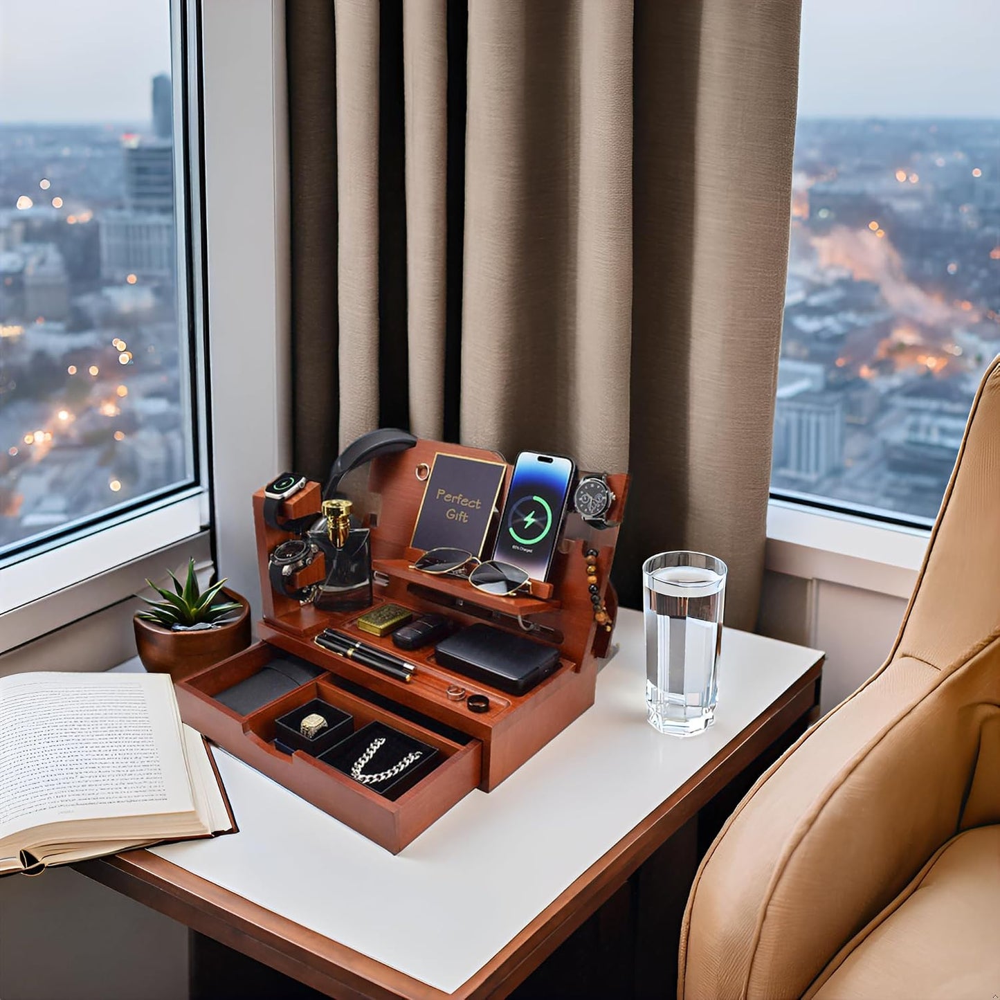 Nightstand Organizer for Men with Large Drawer, Wood Phone Docking Station for Phone, Apple Watch, Wallet & Keys, Ideal