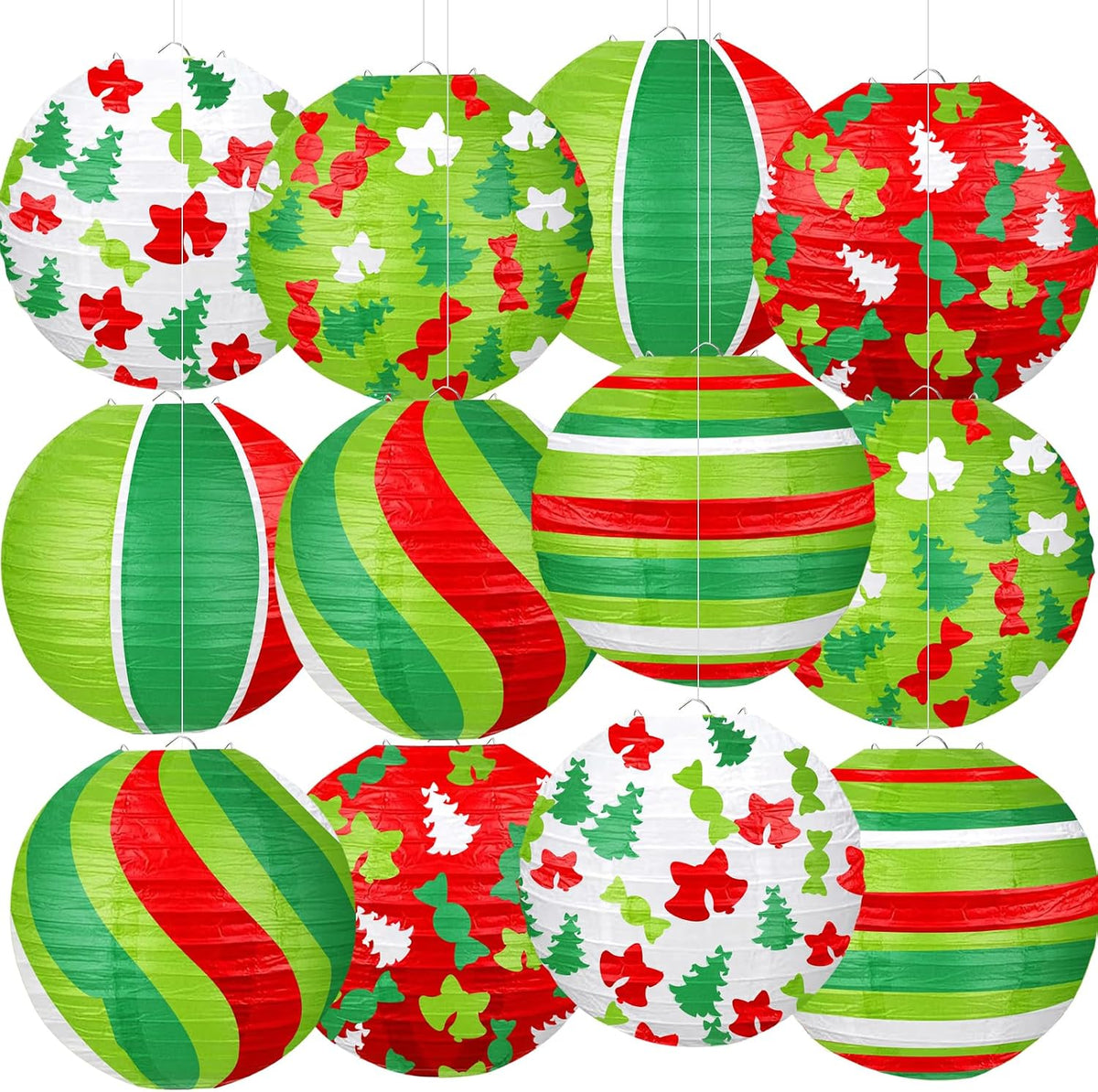 Christmas Paper Lanterns, 12 PCS Christmas Hanging Paper Lanterns Indoor Outdoor, Red Green and White Xmas Tree Candy Bell Lantern for Christmas Party Decorations Home Holiday Decor