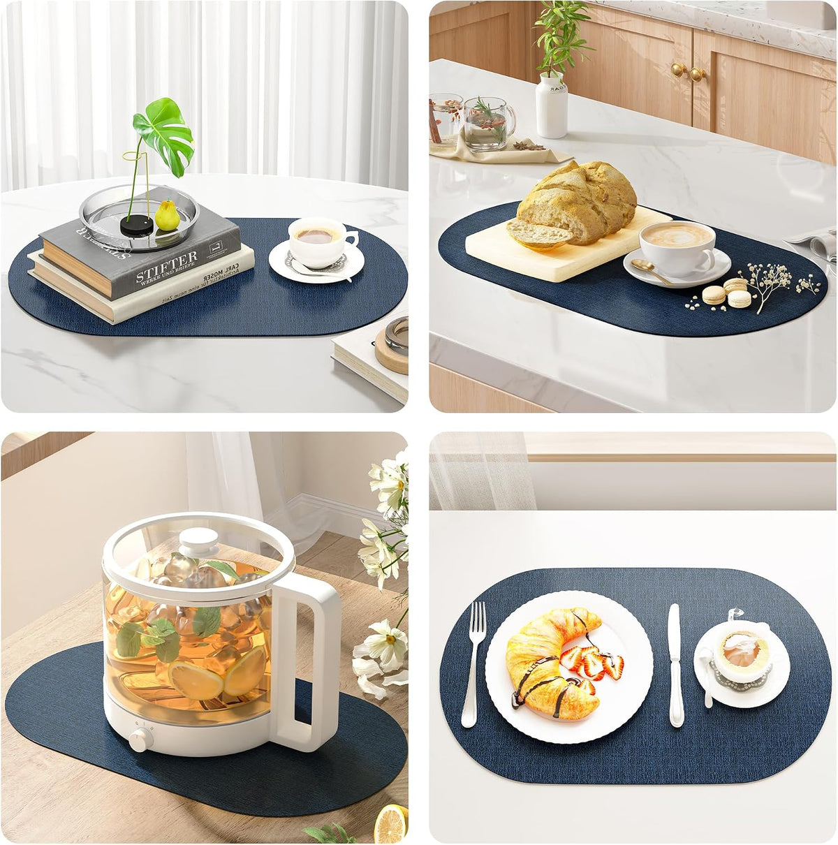 DOLOPL Oval Placemats Set of 6, Navy Blue Faux Leather Place Mats, Large | Large Size 13.8" x 21.6", Reversible