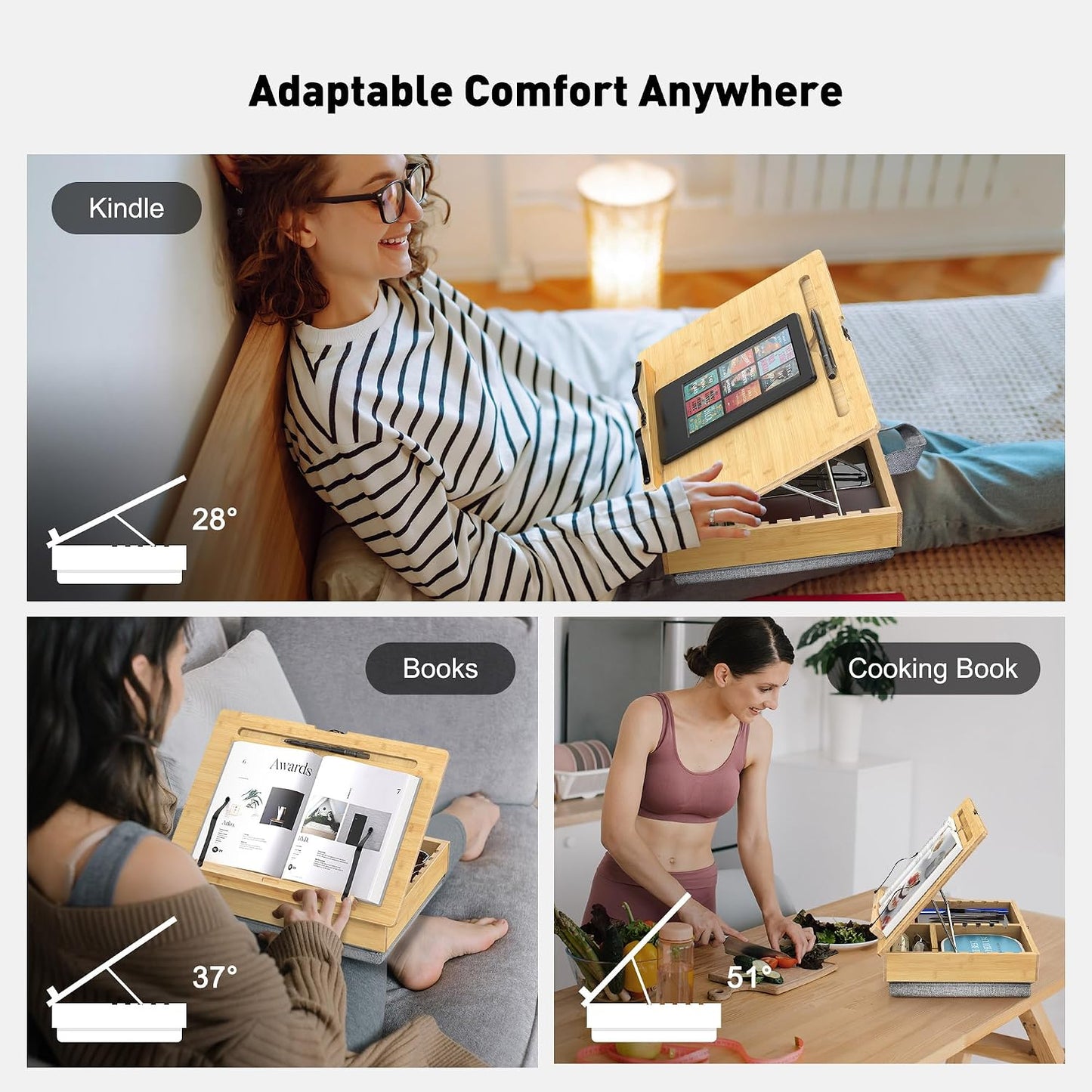 AboveTEK Book Stand for Reading with Storage, Adjustable Bamboo Book Holder with Soft Lap Cushion, Cookbook Stand