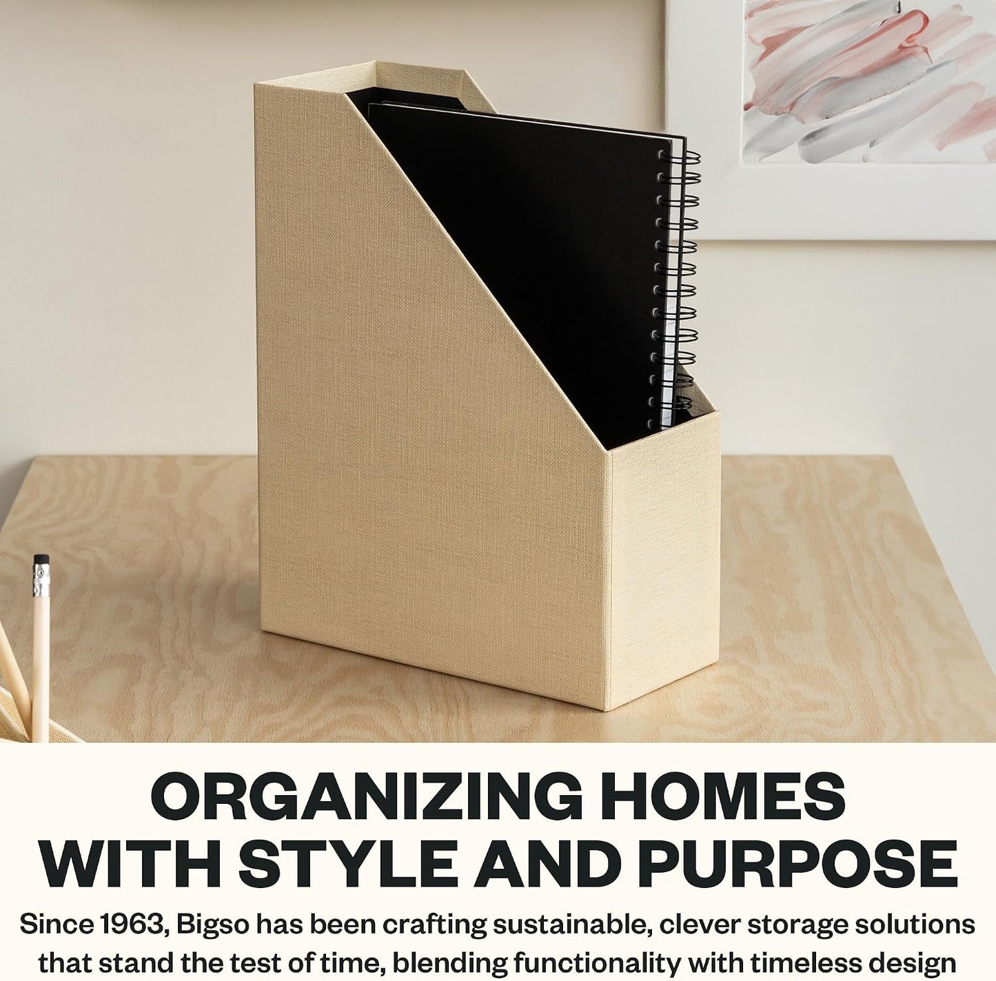 Bigso Estelle Magazine File - Magazine Holder and Organizer for Papers and Catalogs with Leather Handle - Magazine File