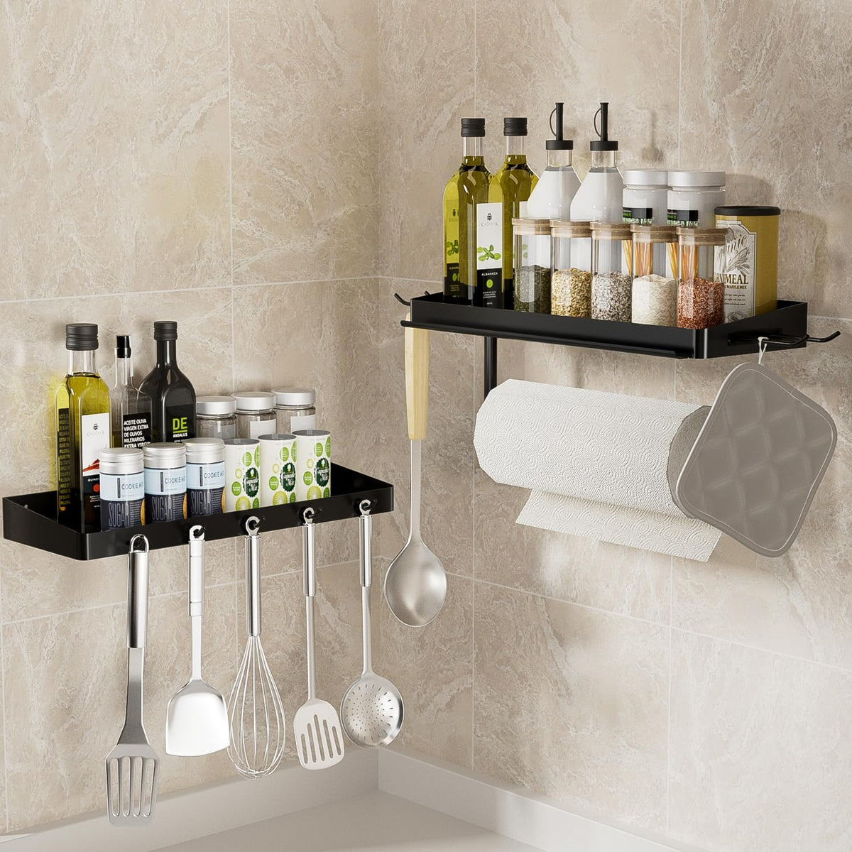SUNTECH Garage Paper Towel Holder with 2 Shelves, Wall-Mount (Black) | One-Hand Tear Design, Comes with 2 hooks