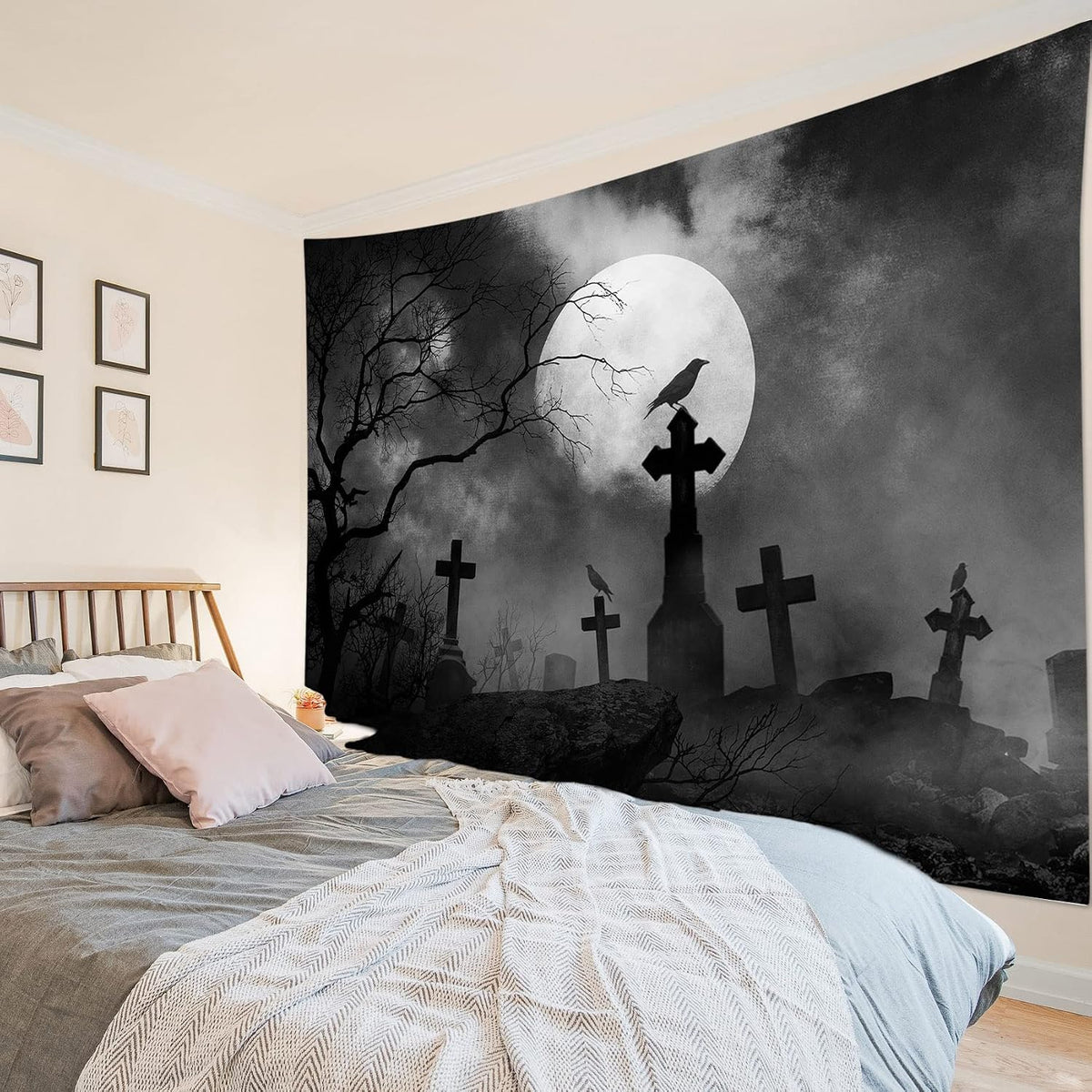 HVEST Halloween Tapestry for Bedroom, Black and White Spooky Forest Tapestry Wall Hanging Crow Full Moon Scary Halloween Wall Art for Living Room College Dorm Party Decor Backdrop,92.5W X 70.9H inches