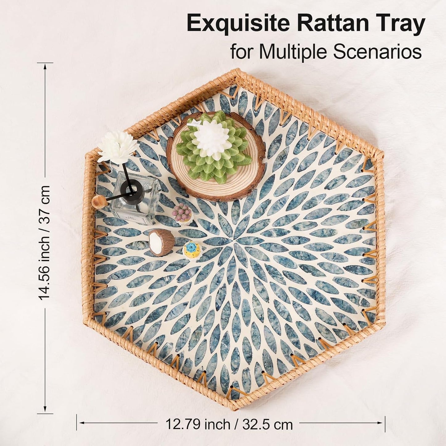 Hexagon Rattan Tray / Light Blue Leaves