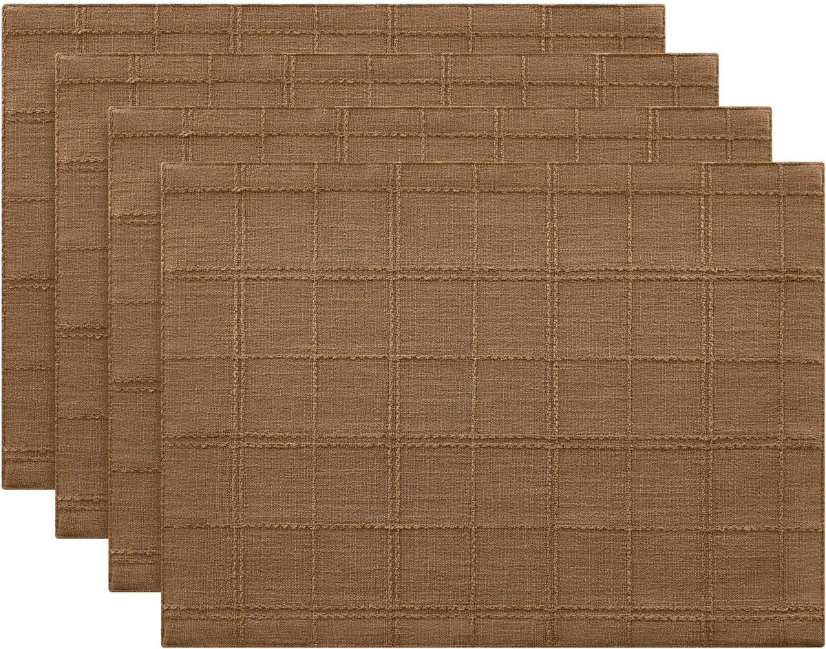 Linen Checked Farmhouse Placemats Set of 4, Roasted Brown 13x19in | Double Layer, Reversible, Thick Textured Table