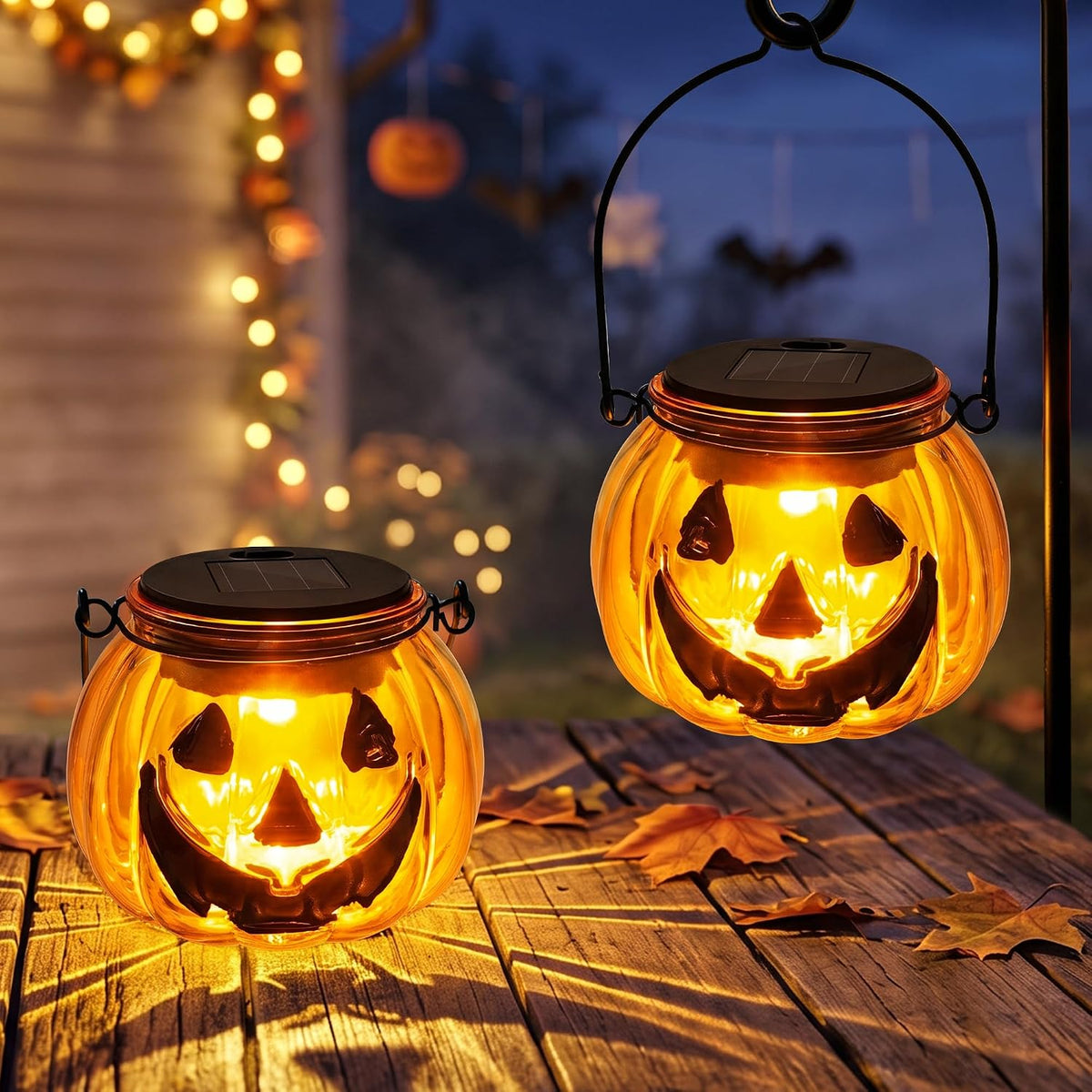 Brizled Halloween Pumpkin Solar Lantern, 2 Pack Glass Hanging Light Outdoor