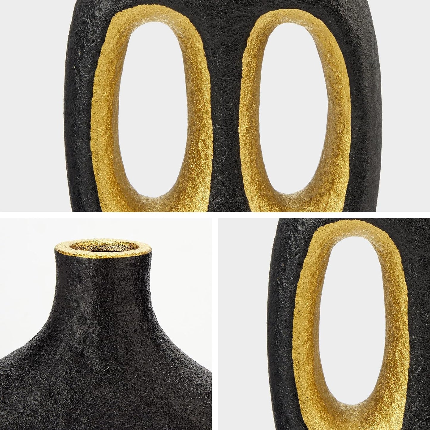 Modern Ceramic Vase Black Vases for Centerpieces Shelf / Double Hole / Black + Gold / 9.4 Inch