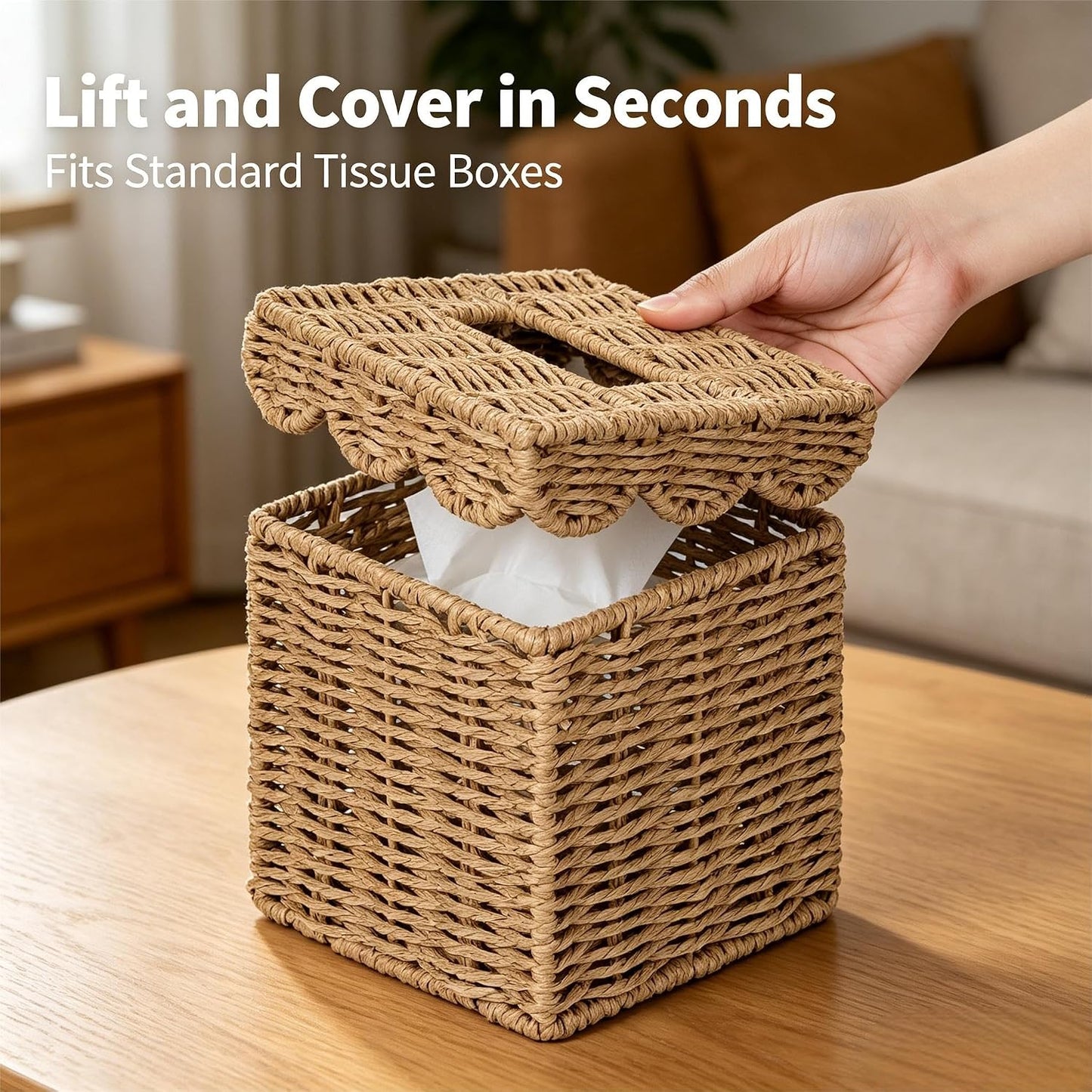 Square Wicker Tissue Box Holder Facial Tissues Boxes w/Scalloped Lid / Neutral
