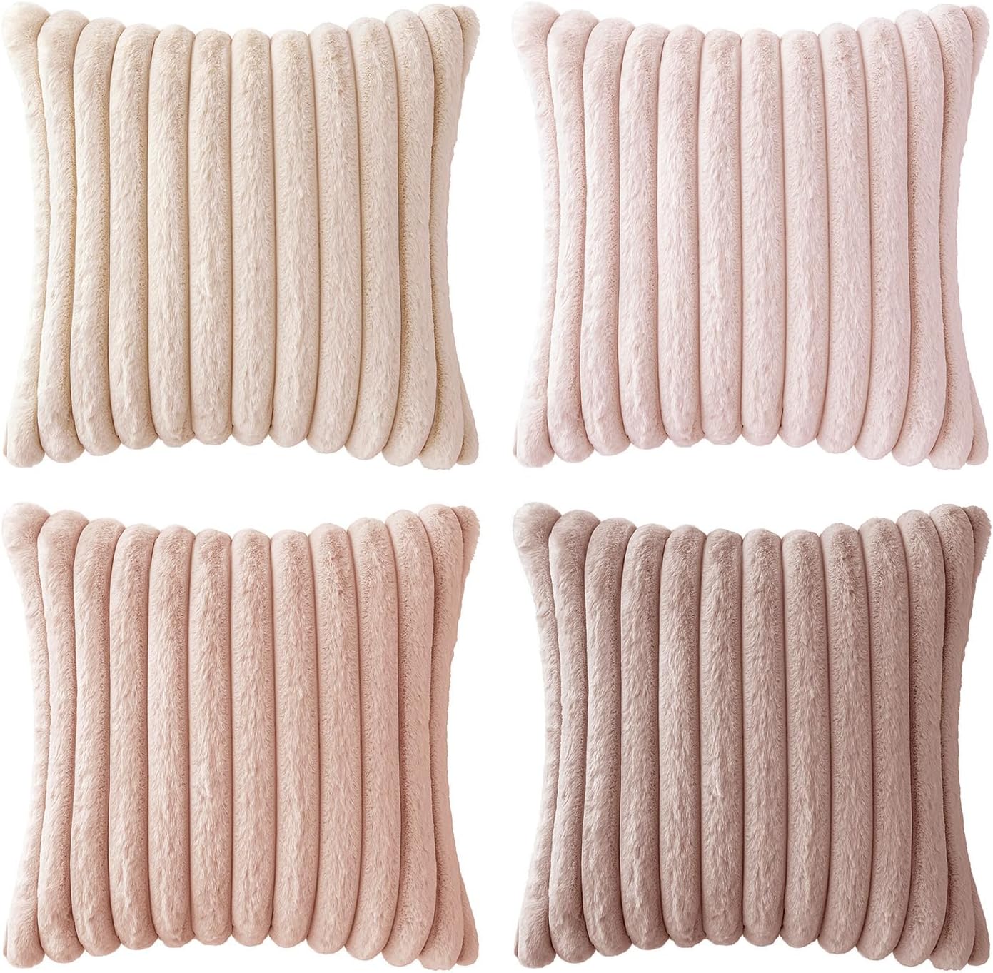 Faux Fur Plush Decorative Throw Pillow Covers / 18 x 18 / Pink / Set of 4