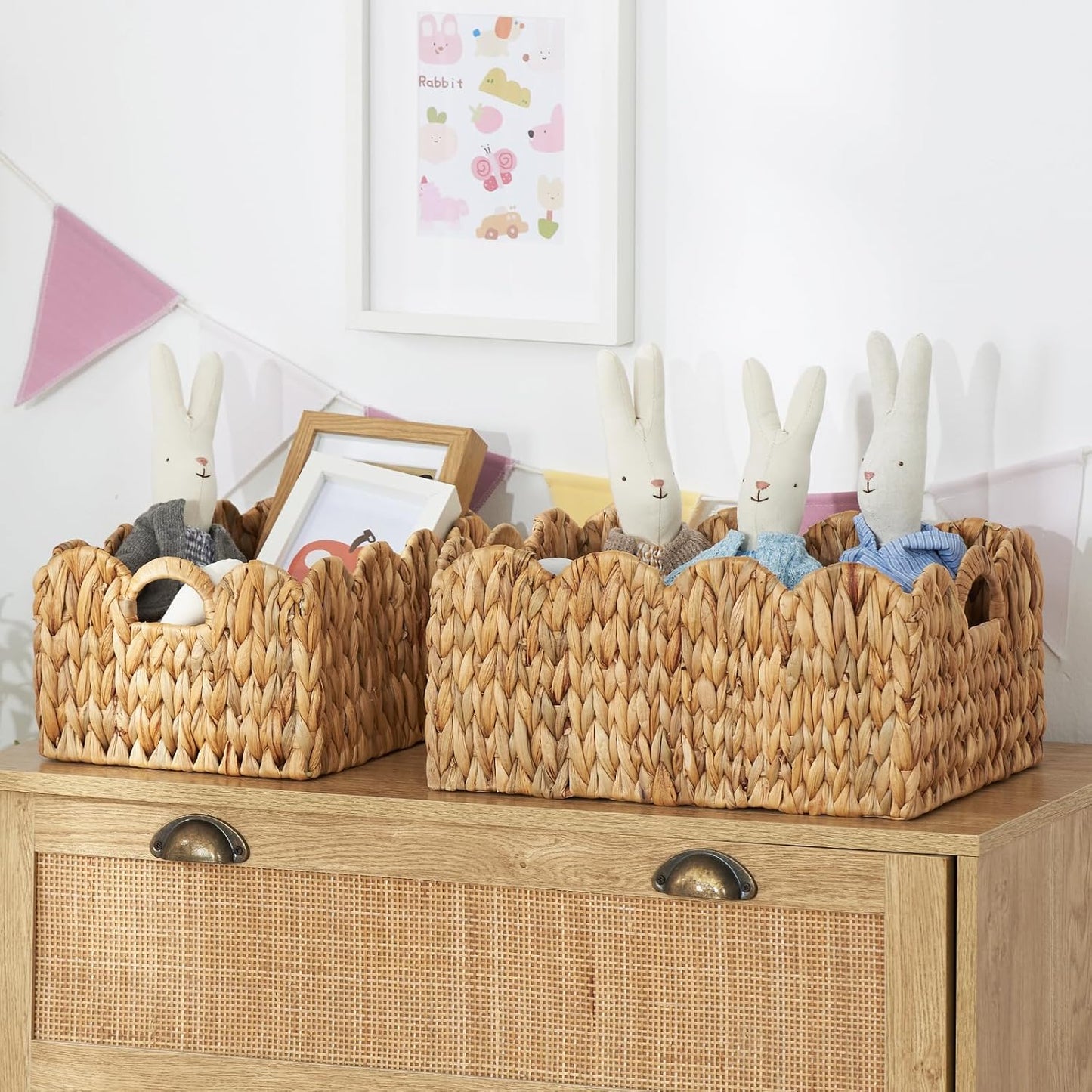 Wicker Basket / Handwoven Scalloped Wicker Storage Basket / Natural / L / Set of 2