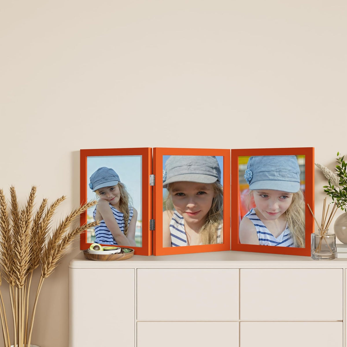 decorUhome Orange Triple 8x10 Picture Frame Vertical, MDOR08 | "Z" Shape Folding Design Engineered Wood Trifold Photo