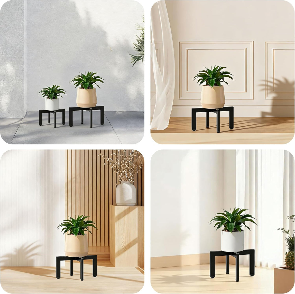 4-Pack Plant Stand Indoor Outdoor with Adjustable Feet, Black | Heavy Duty Metal Construction, Fits 5-13 Inch Pots