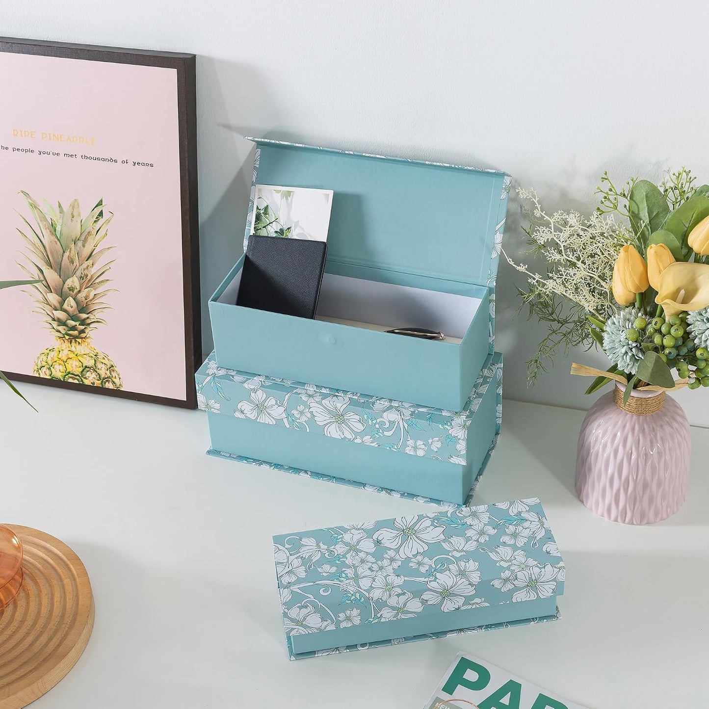 Cardboard Boxes / Decorative Storage Boxes / Blue Botanical / Set of 3