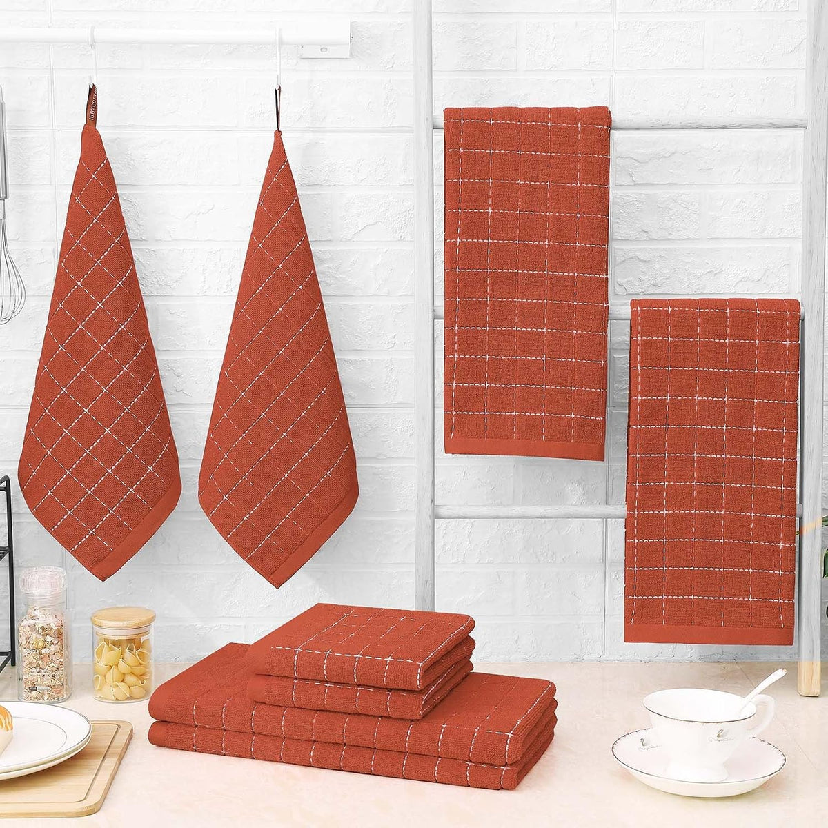 Homaxy Kitchen Towels and Dishcloths Set, Set of 16, Rust | Bulk Cotton Terry Kitchen Towels, Checkered Designed, Soft
