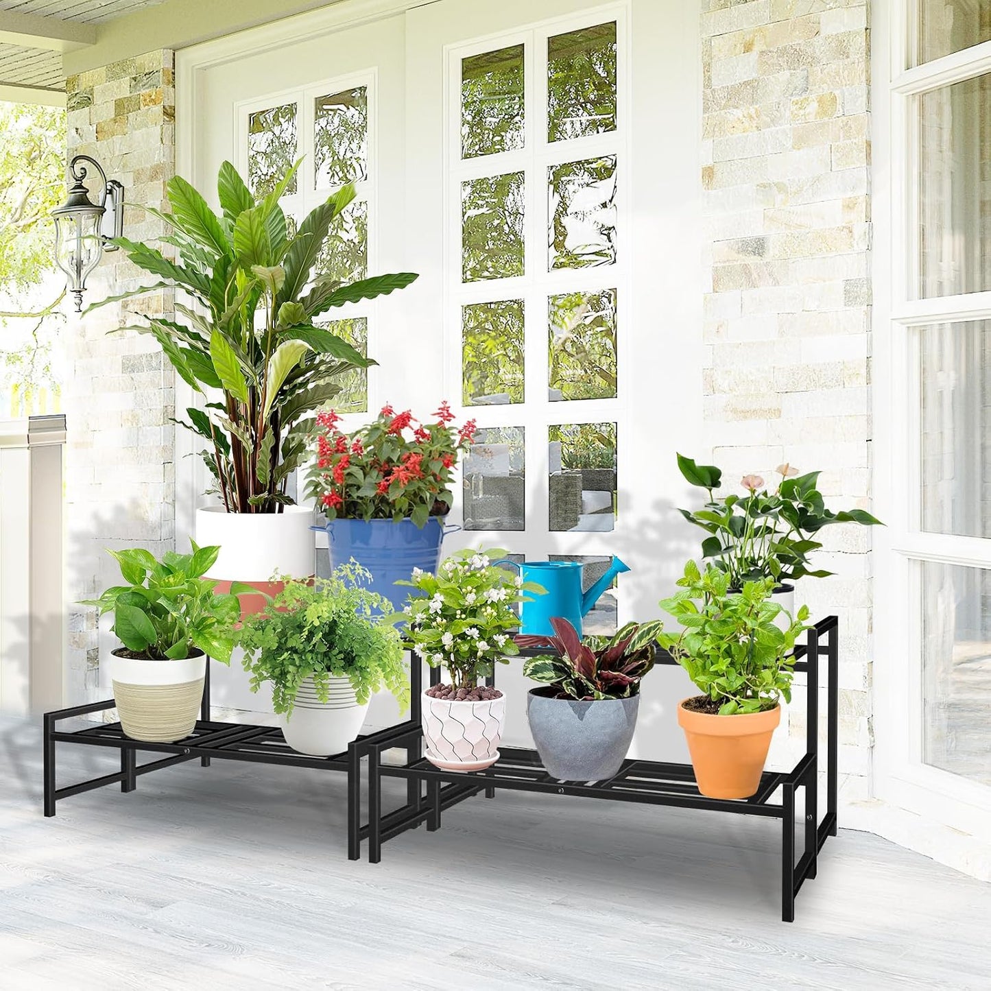 Plant Stand Indoor Outdoor, 2-Tier Stackable Wrought Iron Plant Stands | Metal Plant Shelf Decorative Outdoor Flower