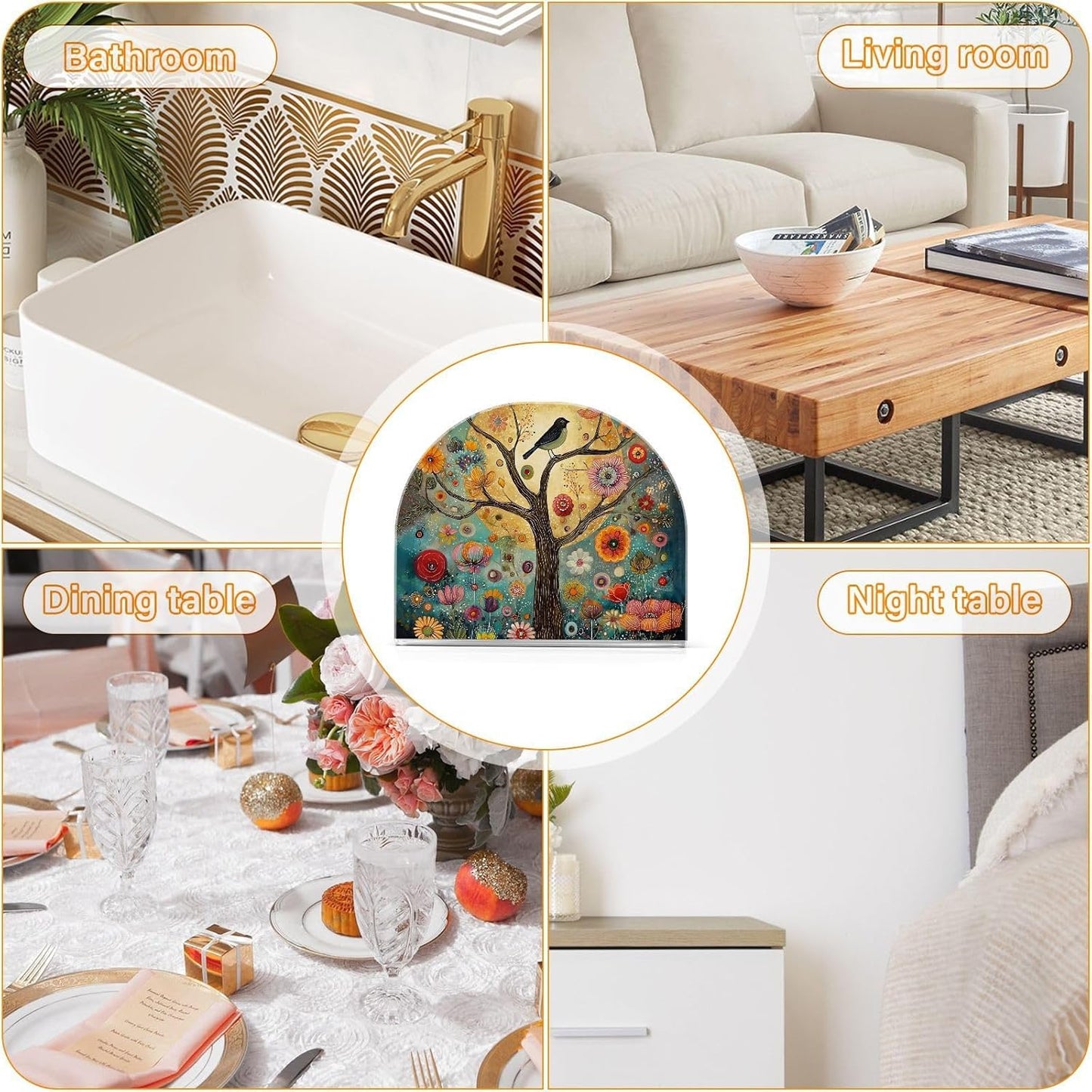Napkin Holder Acrylic Tissue Dispenser Non-Slip Holds 50-60 Napkins Freestanding / Tree of Life