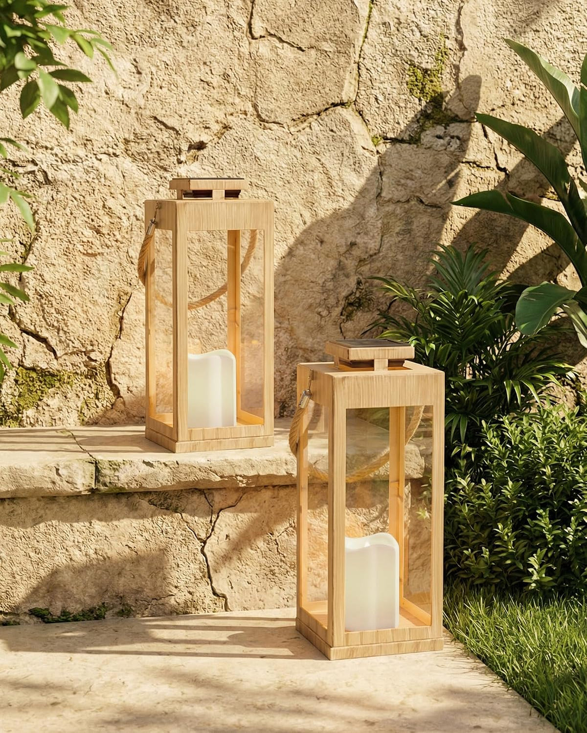 2Pack 13" Metal Decorative Porch Lanterns Solar Lanterns Outdoor Waterproof | LED Flickering Flameless Candle