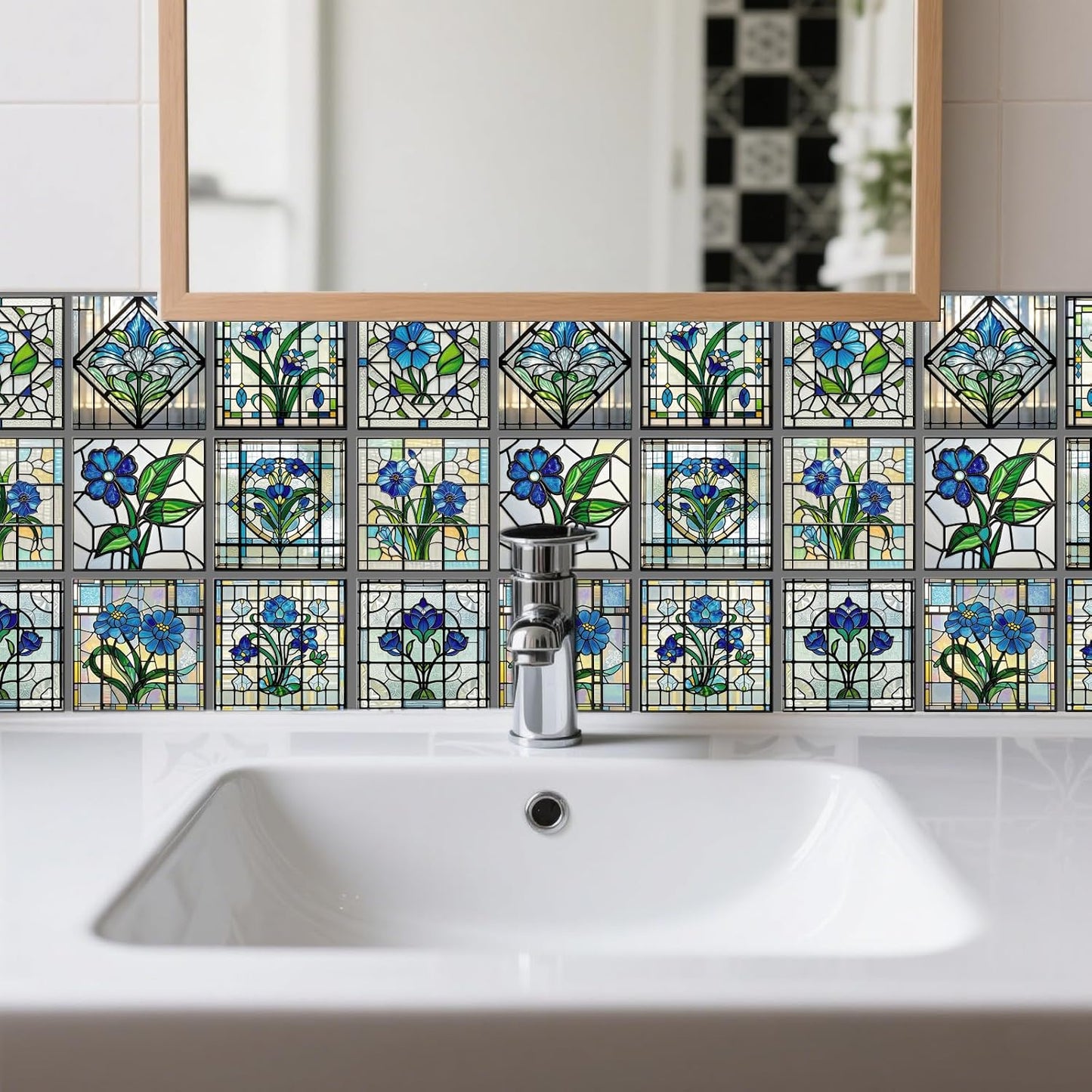 9 Style Wall Stickers Pattern Peel and Stick Wall Tile Sticker / Blue and White Flowers / Set of 36
