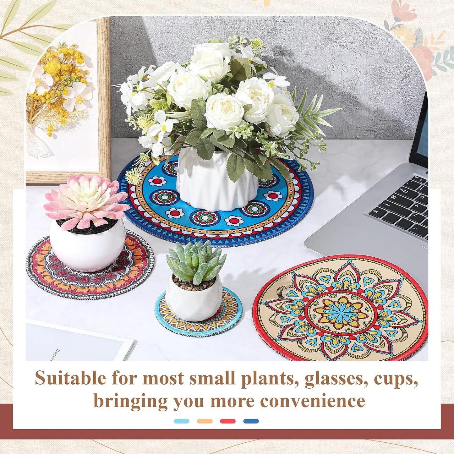 Boho Plant Pot Mat 4 Size 9.84" 7.87" 5.9" 3.94" Rubber Absorbent Non Slip Pot House / Set of 8