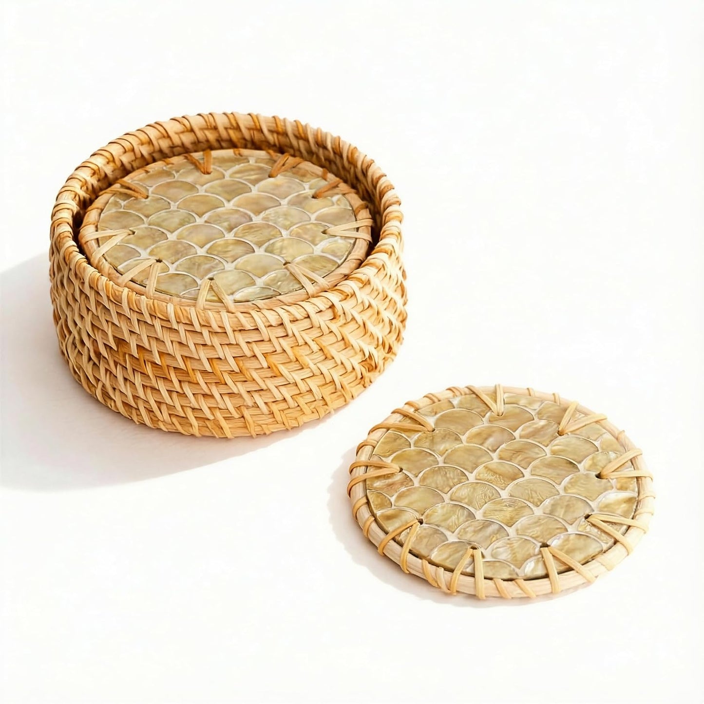 Holder • Handmade Round Coaster • Wicker / Cascade Light / Set of 6