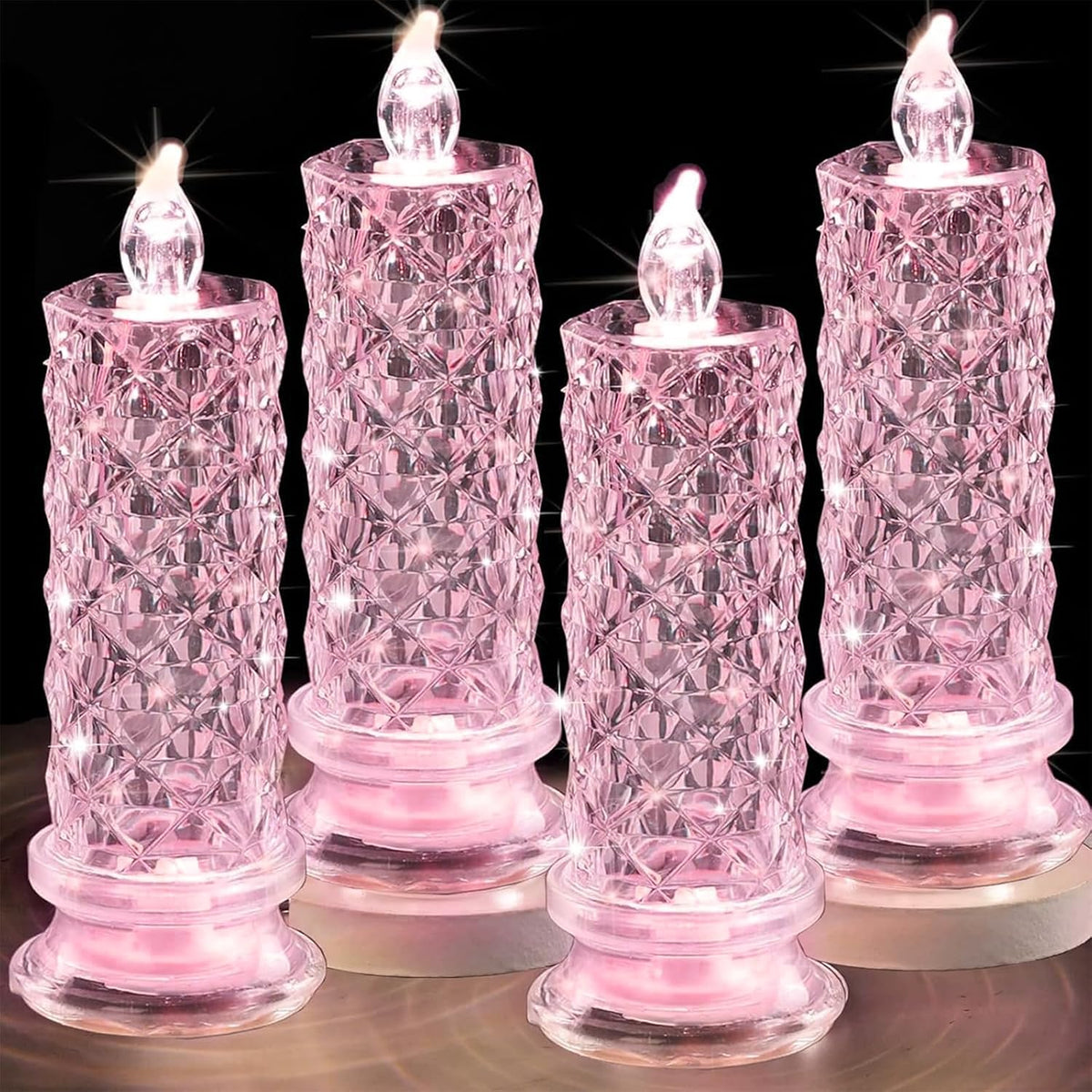 SupBri 4PCS Rose Halo LED Flameless Candles, Pink Crystal-Like Shell