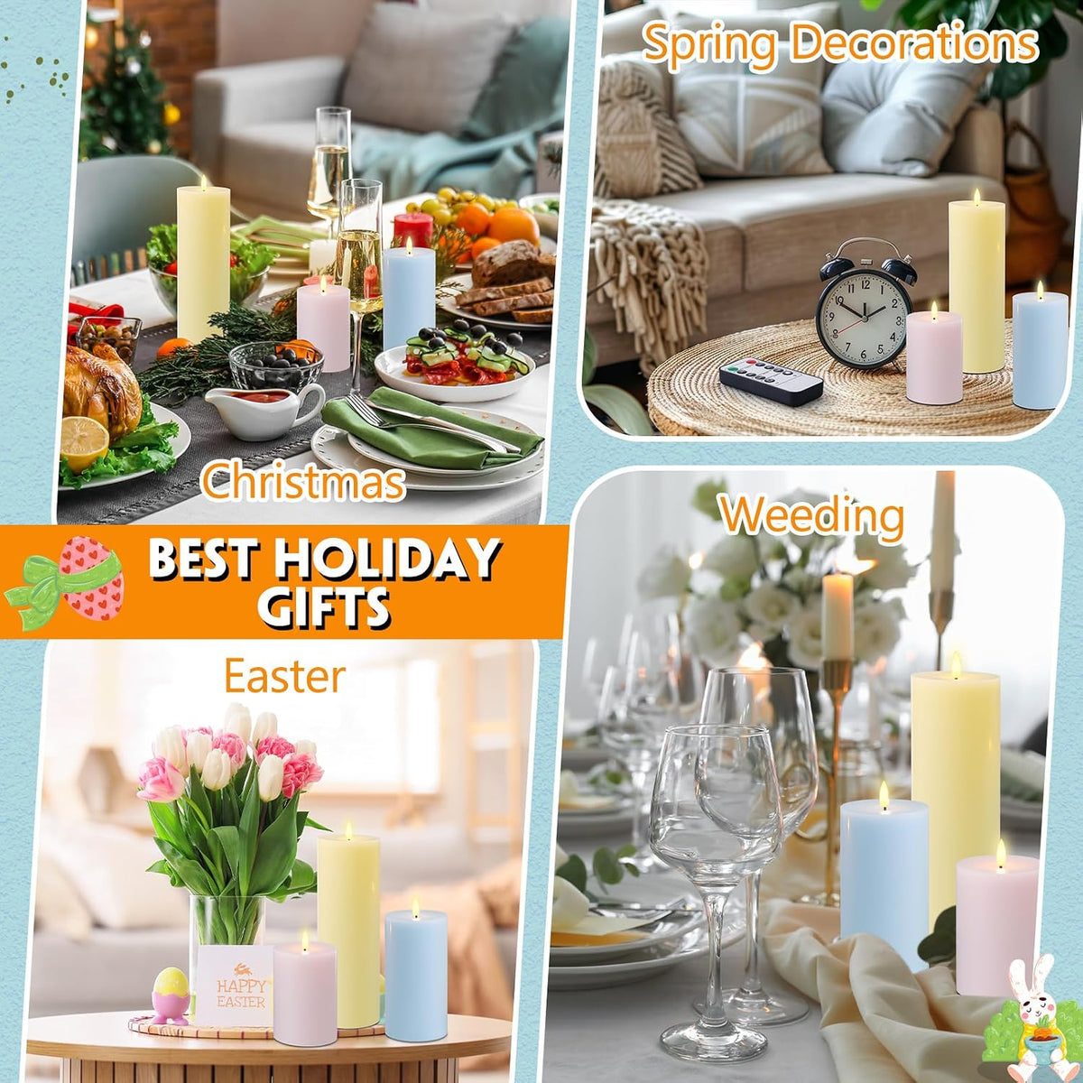 3 Pcs Easter 6/8/12 Inches Large Flameless LED Candles with Remote and 2/4/8 H Timer Yellow Pink and Blue Battery