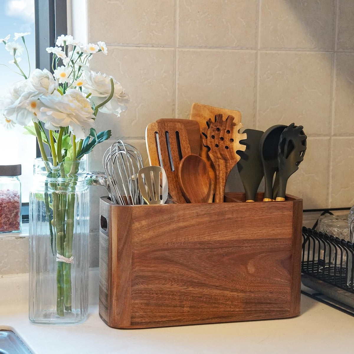 Large Acacia Wood Utensil Holder with 3 Compartments for Kitchen Counter, Extra Large Farmhouse Wooden Utensil