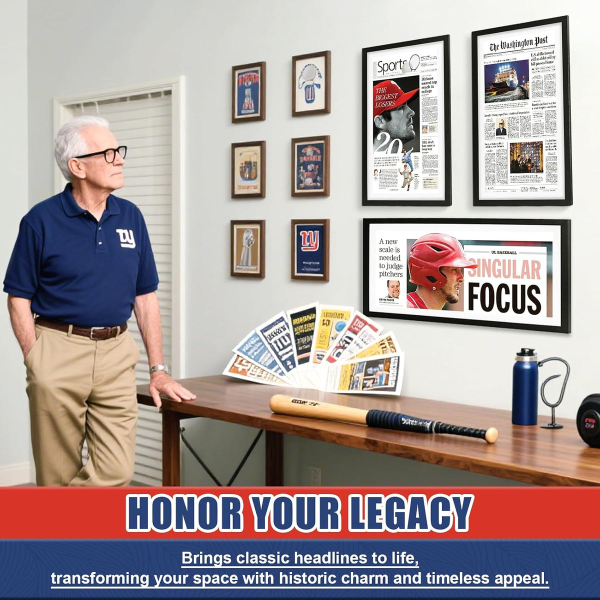 11 × 22 Up to 13 × 24 Newspaper Frame, Premium Wood Display Case with Acrylic Panel, Wall Mount or Tabletop Stand