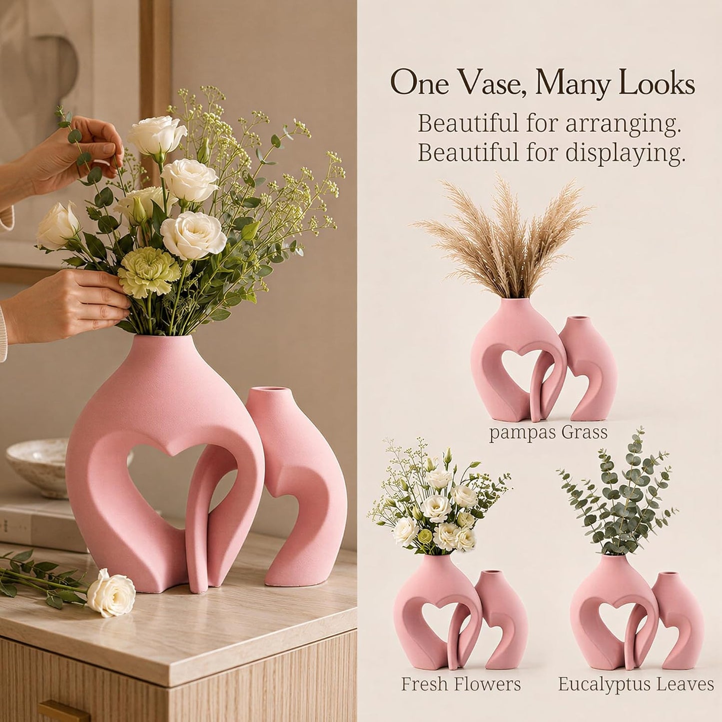 Ceramic Flower Vases Home Decor Heart Shaped Vase Nordic Heart Shaped Vases / Pink / Set of 2