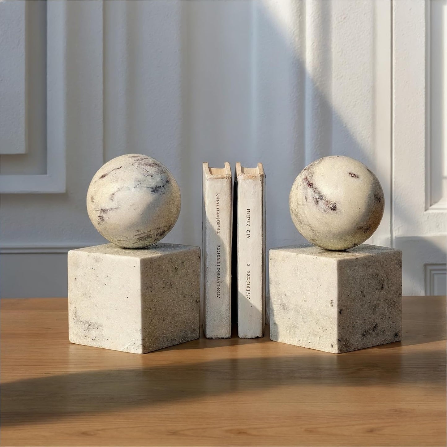 2-Piece Marble Geometric Bookends / White