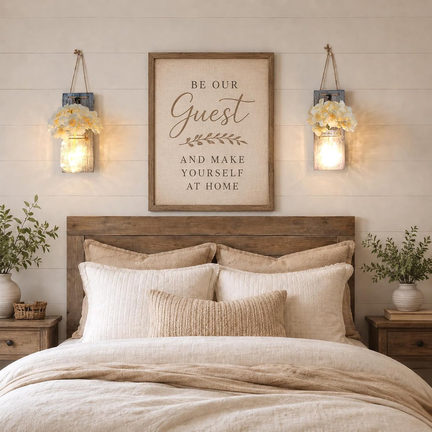 Rustic Mason Jar Sconces Wall Decor / 11"H Grey Wall Decor + Hydrangea / Set of 2