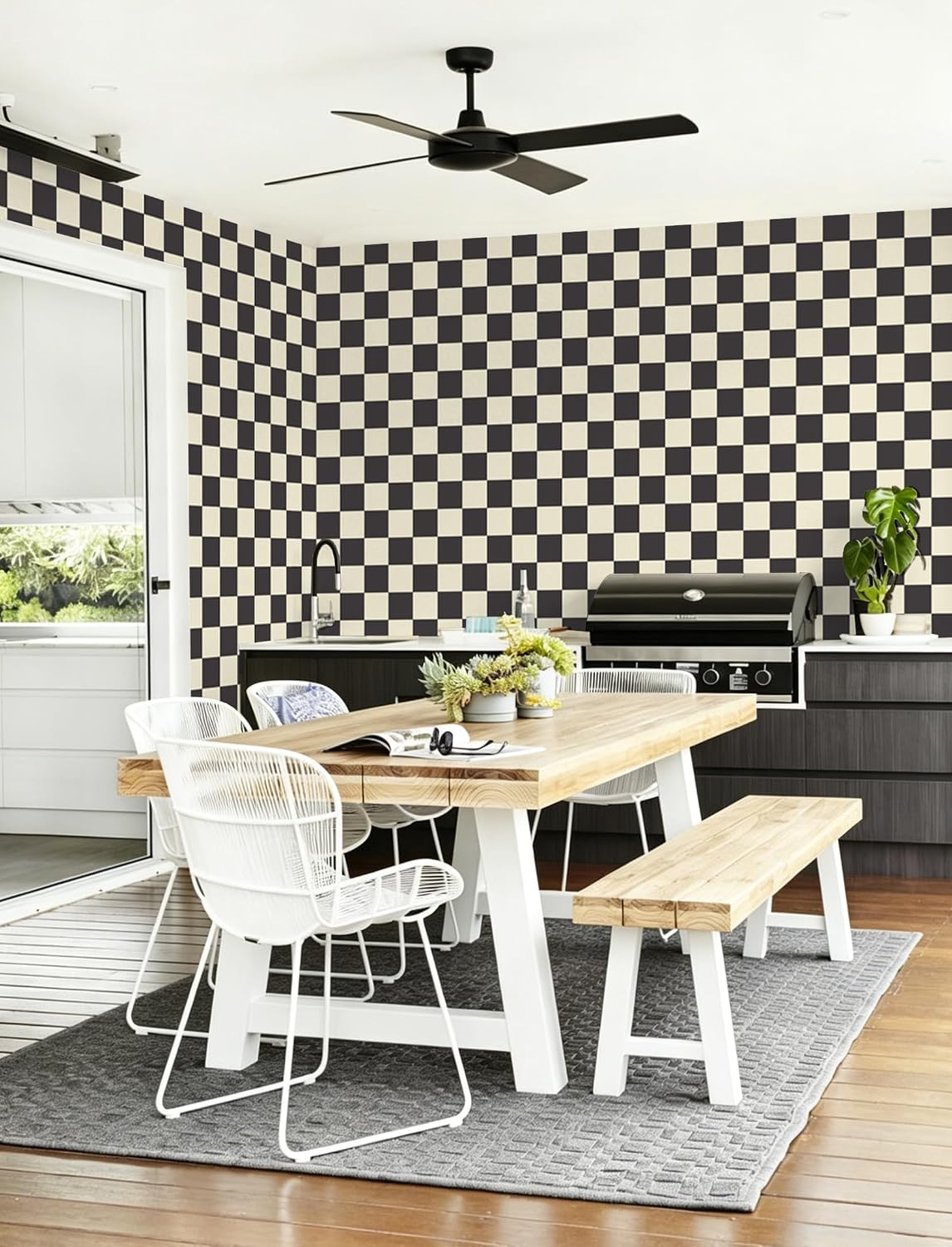 Checkered Wallpaper Black and White Cream Peel and Stick Wallpaper / 17.3 x 393.7 / Black and Cream