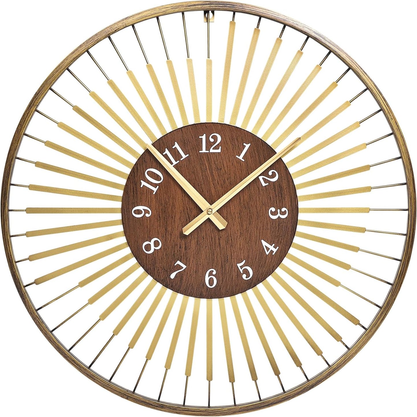 24 Inch Mid-Century Modern Wall Clock | round frame with walnut center, silent quartz clock, gold accents, decor wall