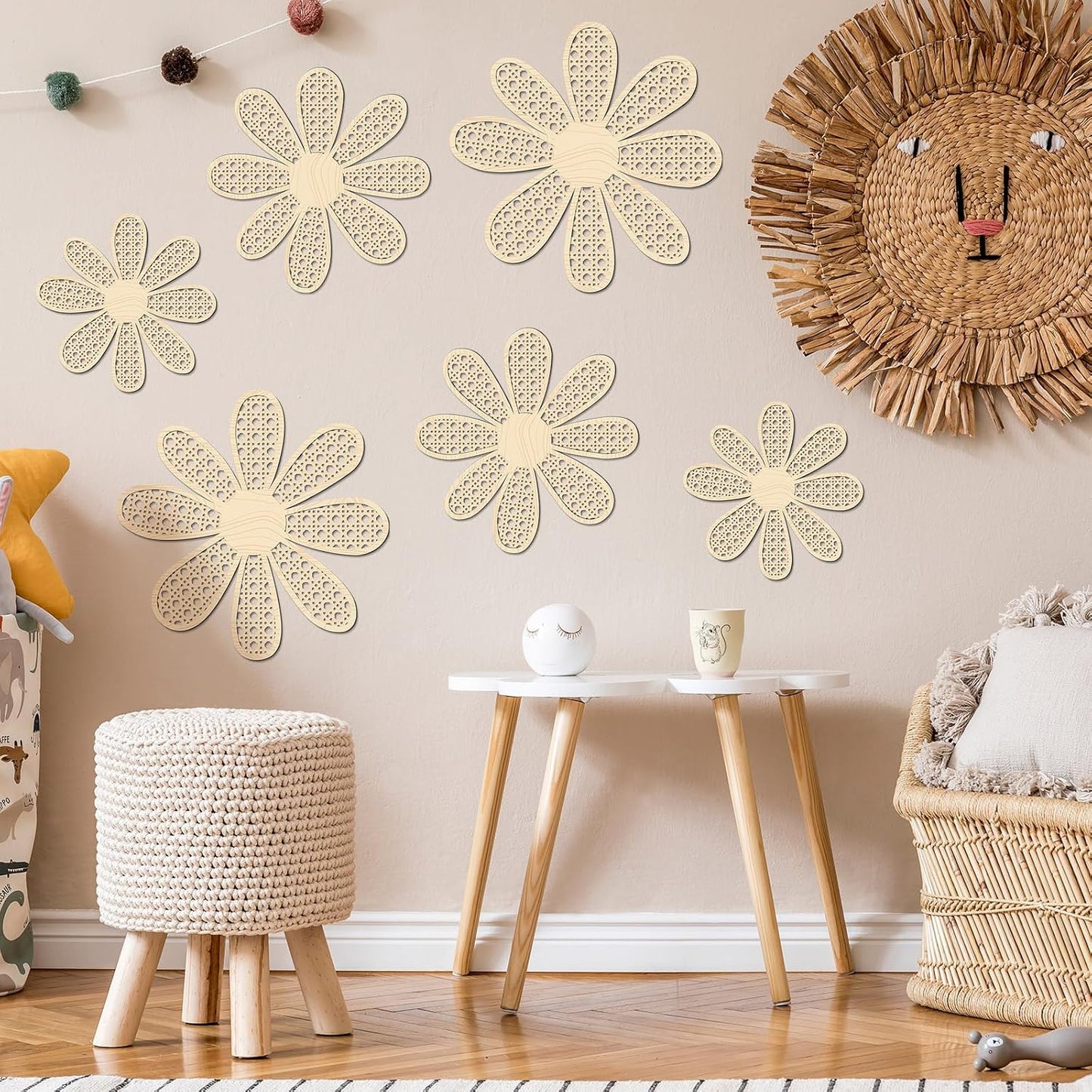 Boho Daisy Wall Decor Rattan Flower Wall Hanging Art Wooden Boho Art Nursery / Natural / Set of 6